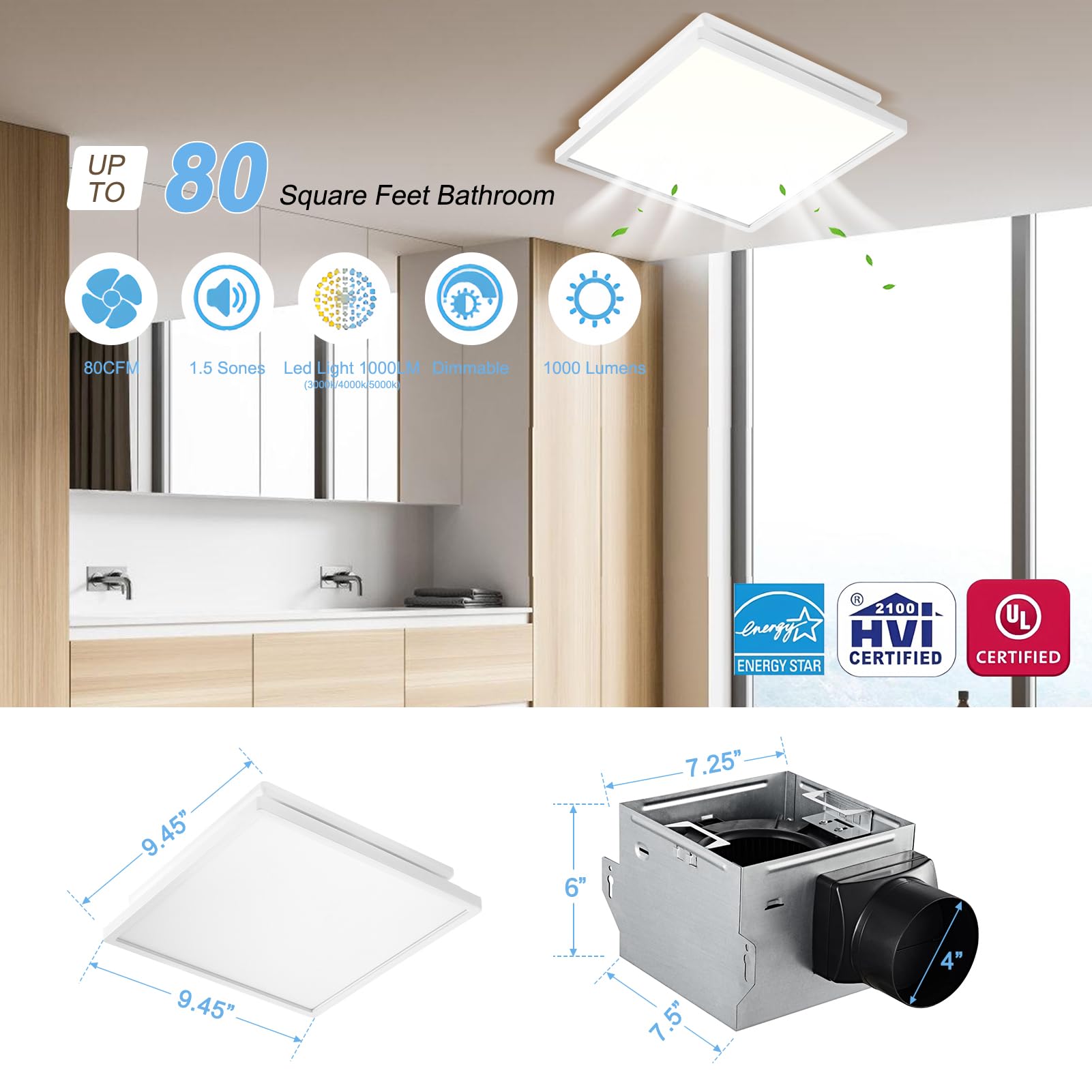 Tech Drive Bathroom Exhaust Fan With Light, 80 Cfm, Super Quiet 1.5 Sone Bathroom Fan With Light, 1000Lm Dimmable 3Cct Led Light