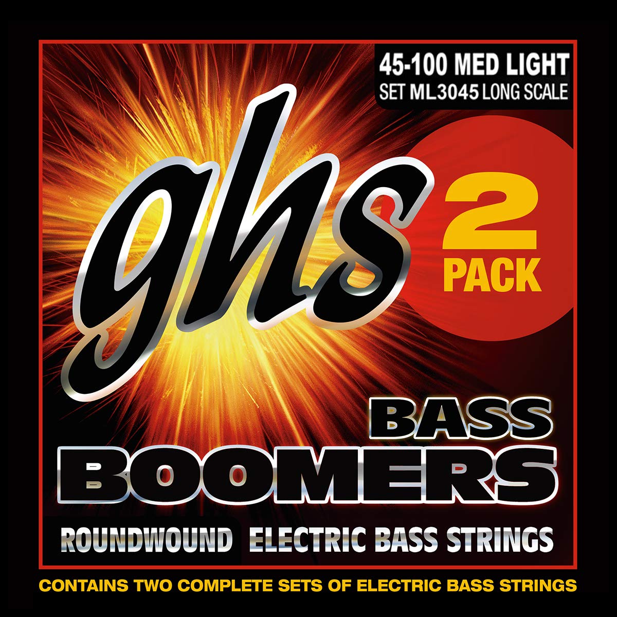 GHS Strings ML3045-2, 4 String Bass Boomers, Nickel-Plated Electric Bass Strings, Medium Light, 45-100, Pack of 2