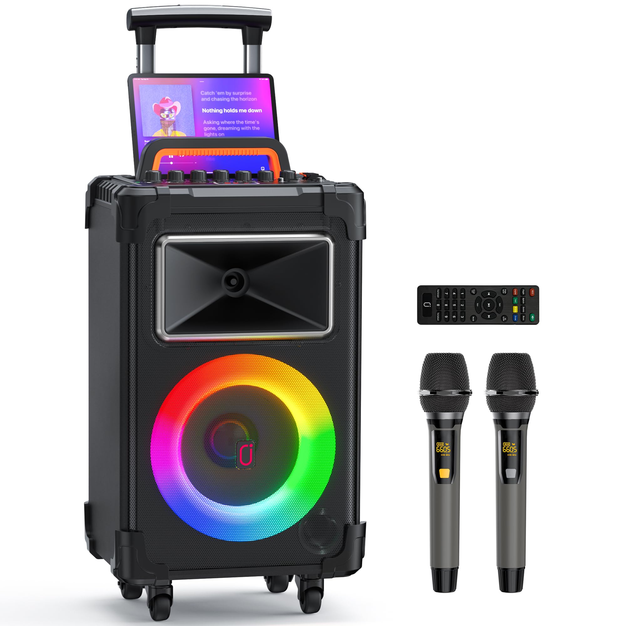 Bluetooth Wireless Speaker with 10 Woofer & 500W Peak Power, Karaoke Machine with 2 Mics, Portable PA System with Bass/Treble Co