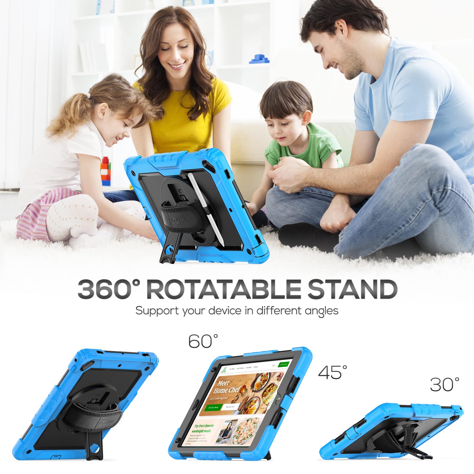 Seymac Case For Ipad 6Th/5Th Generation Case 9.7 Inch For Kids, Full Body Shockproof Heavy Duty Protective Case With Screen Protector, Stand/Hand/Shoulder Strap For Ipad Air 2/ Pro 9.7, Light Blue