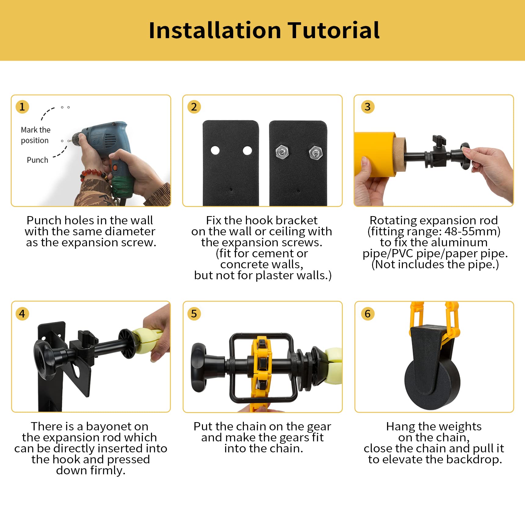 Meking Photography 3 Roller Backdrop Wall Mount, Manual Background Roller Support System With 2 Tri Fold Hooks, 6 Expand Bars An