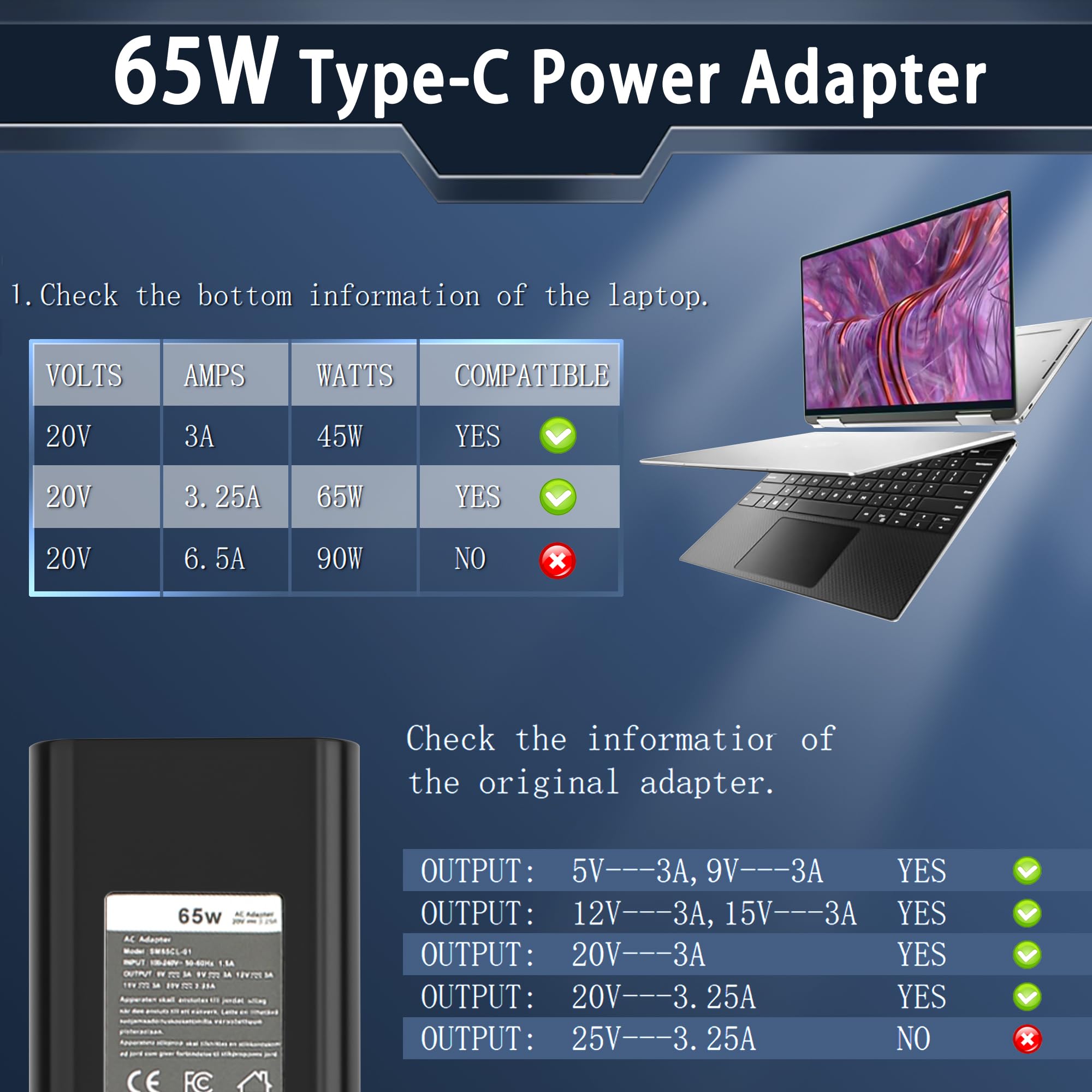 New Slim 65W Dell Laptop Charger Usb C For Dell Latitude 5420 5530 5430 5520 7420 7440 7340 Chromebook 3100 Xps 13 7390 9360 Typ