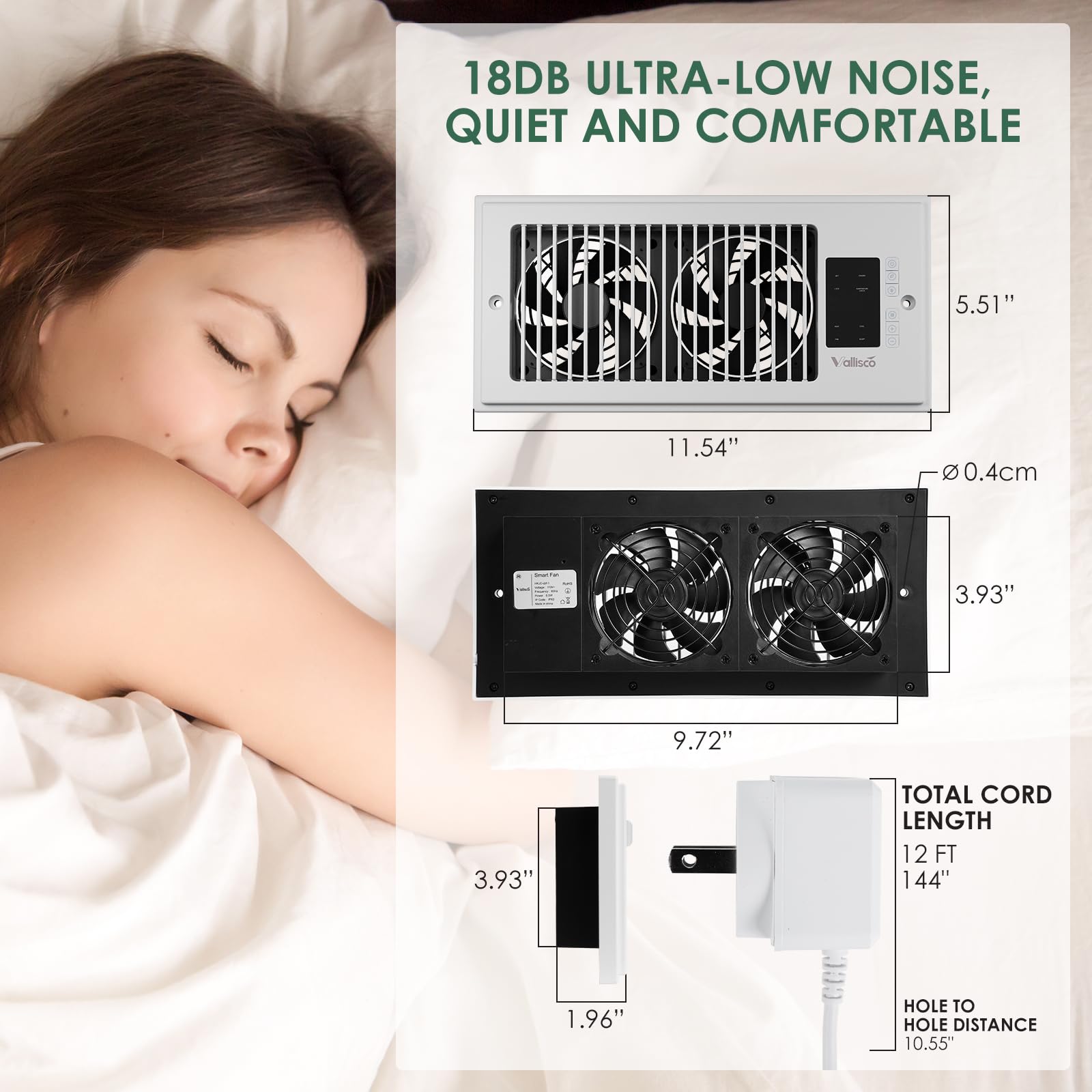 Vallisco Register Booster Fan 10 Speed Control With Negative Ion, Quiet Thermostat With Remote Control, Air Vent Fan Booster For