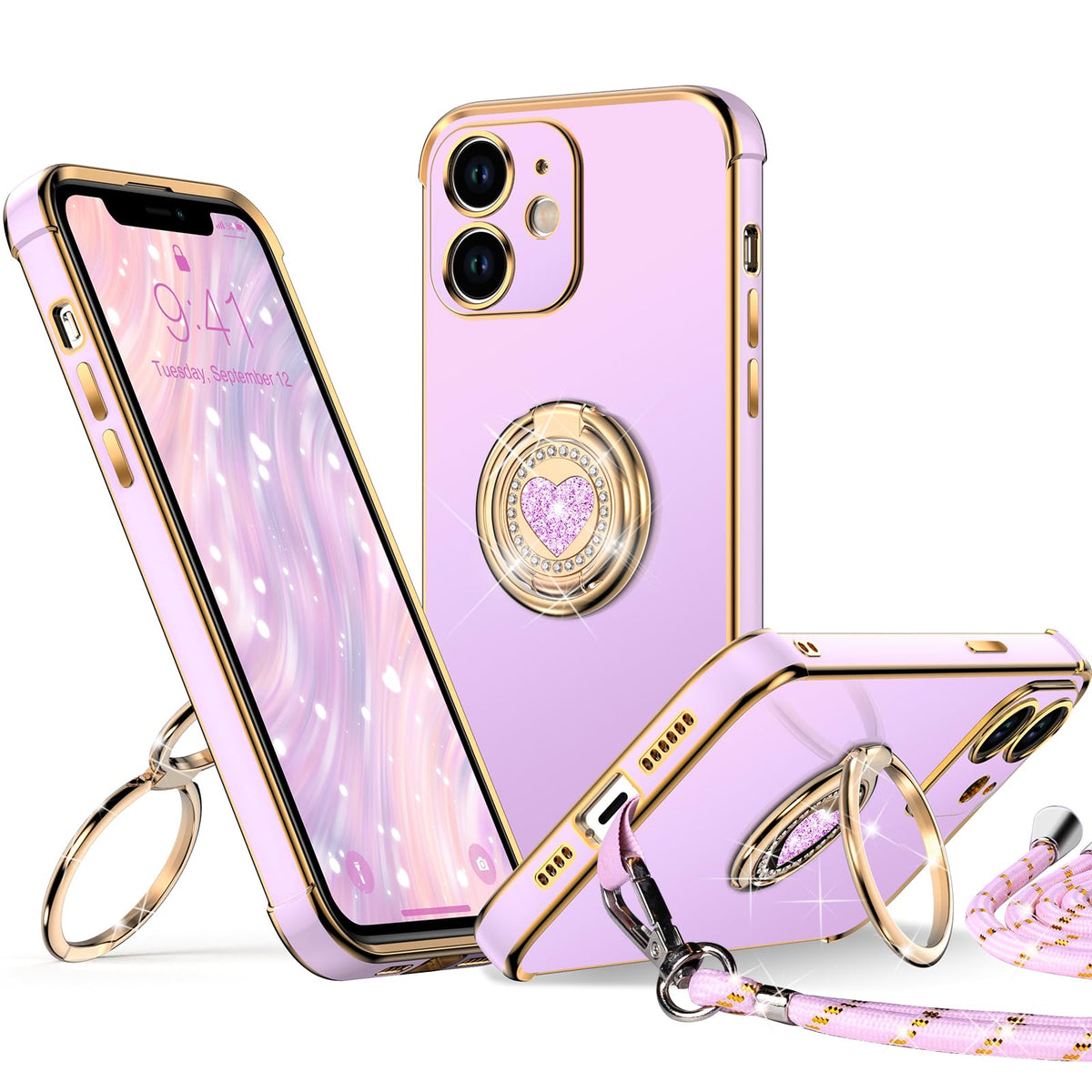 Xyz For Iphone 12 Case With Stand, Phone Case With Double Ring Kickstand, Women Girls Bling Luxury Protective Case Heart For Iph