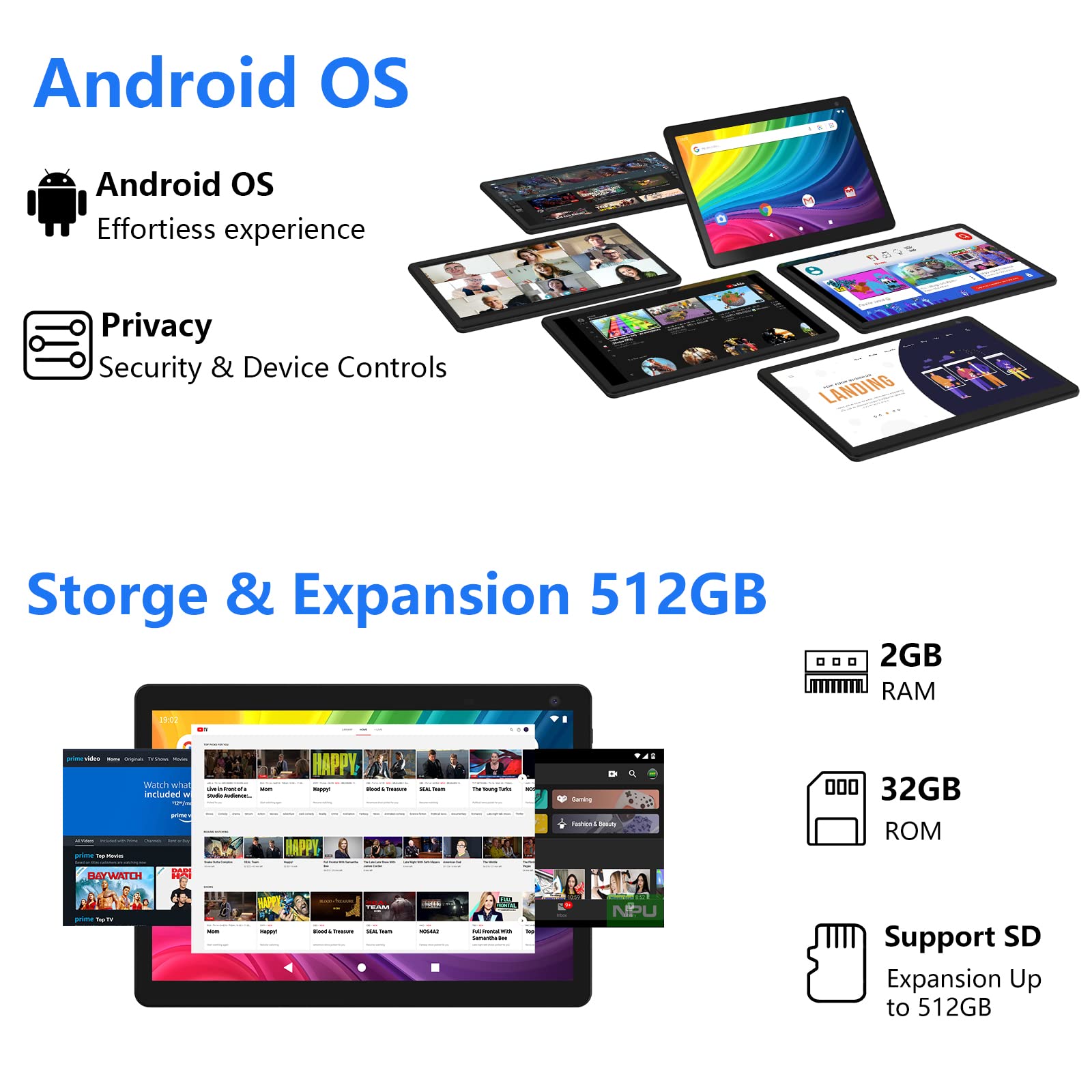Android Tablet, 10 Inch Tablets, 2Gb+32Gb Computer Tablet Support 512Gb Expand, 2Mp + 8Mp Camera, Ips Screen, Wifi, Bluetooth, 6