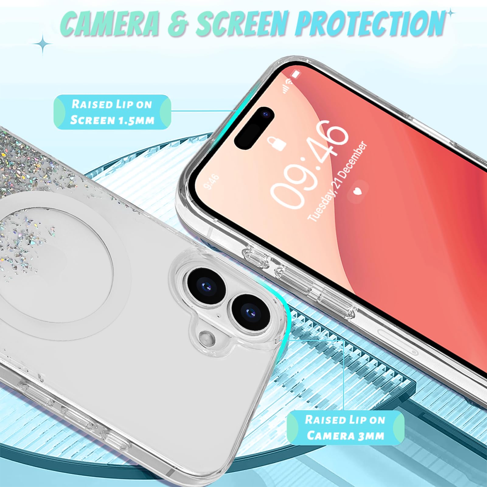 Bonoma For Iphone 16 Plus Case, Sparkly Glitter Bling Back, Magnetic Support For Magsafe Shockproof Case, Crystal And Clear High