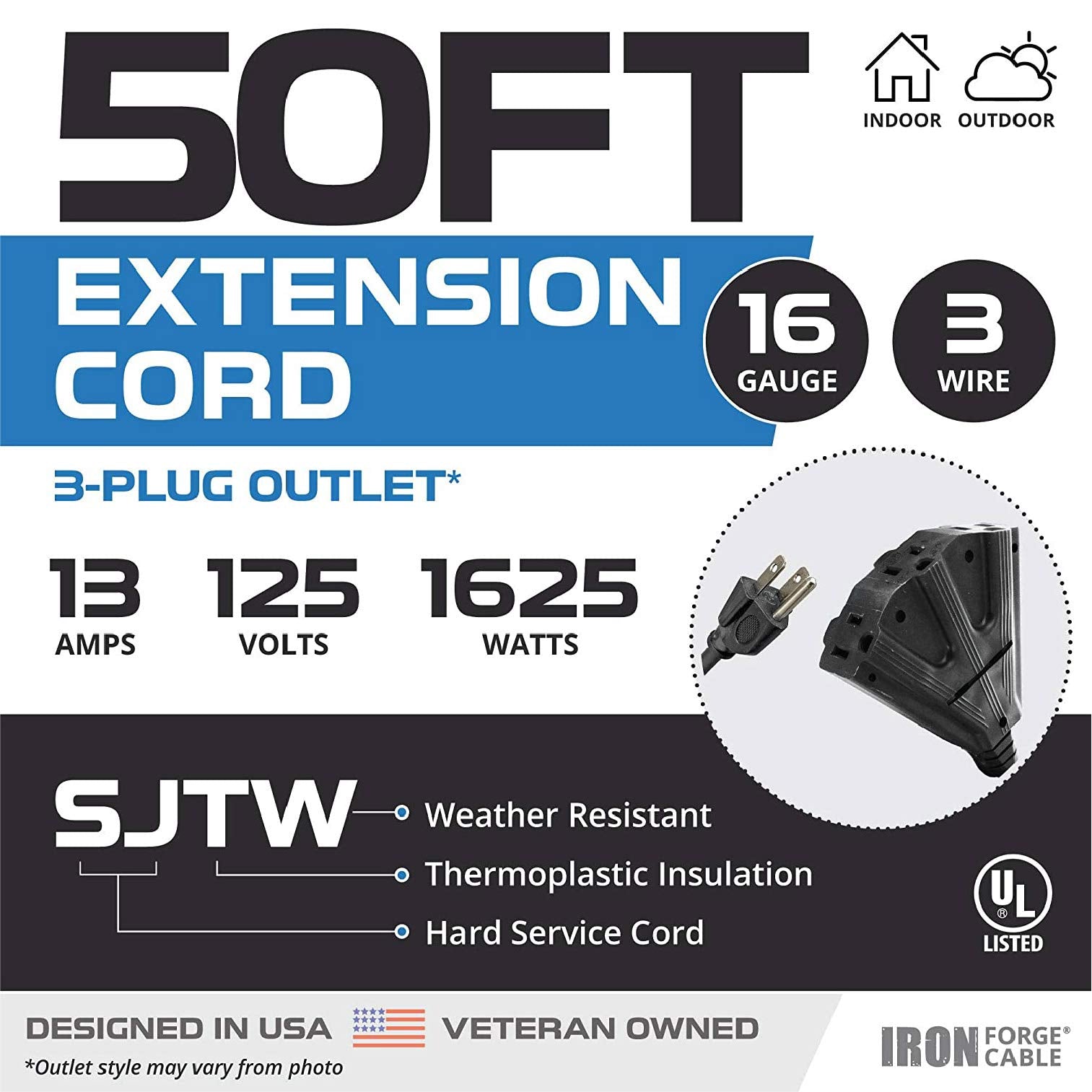 Iron Forge Cable 2 Pack 3 Outletoutdoor Extension Cord 50 Ft, 16/3 Sjtw Black Extension Cord With Multiple Outlets 3 Prong, 13 A