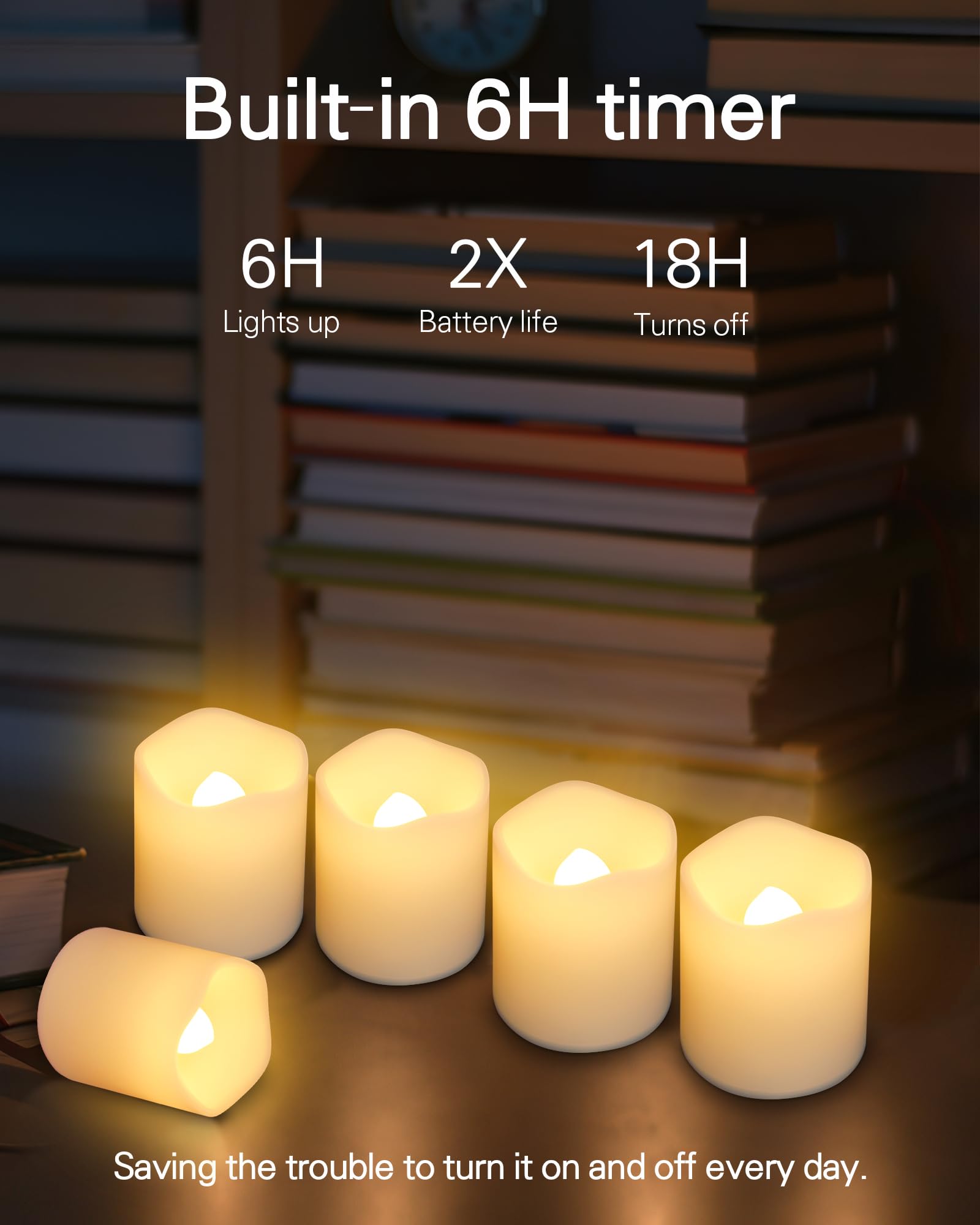 Shymery Flickering Flameless Votive Candles With Timer, 24 Pack 15 Days Longer Battery Operated Led Tea Lights In Warm White For