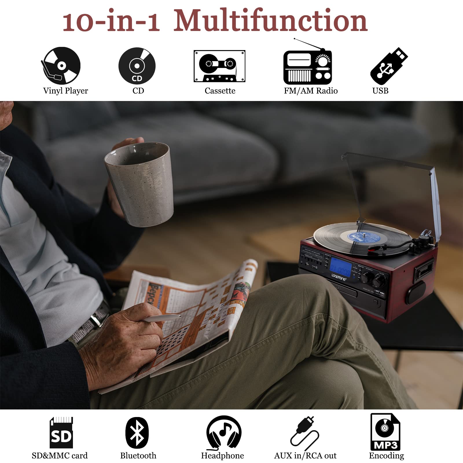 Looptone 10 In 1 Bluetooth In/Out Record Player 3 Speed Vinyl Vintage Turntable Cd Player Cassette Am/Fm Radio 2 Built In Speake