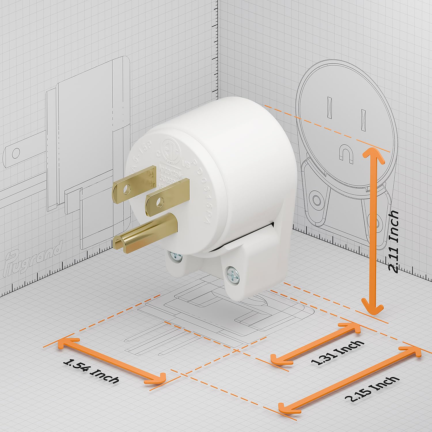 Plugrand 12 Direction Adjustable Nema 5 15P Right Angle Plug   15A, 125V, White, Etl Verified