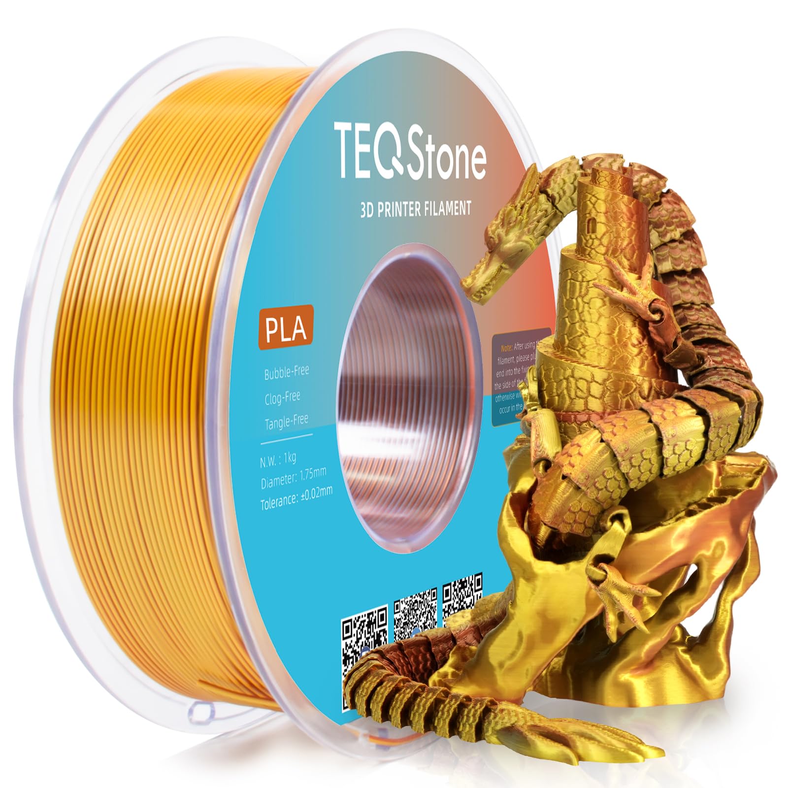 TEQStone Tri Color Silk PLA Filament 1.75mm Gold Silver Copper 1KG, Shiny High Gloss Finish, Seamless Color Transition, Neatly W
