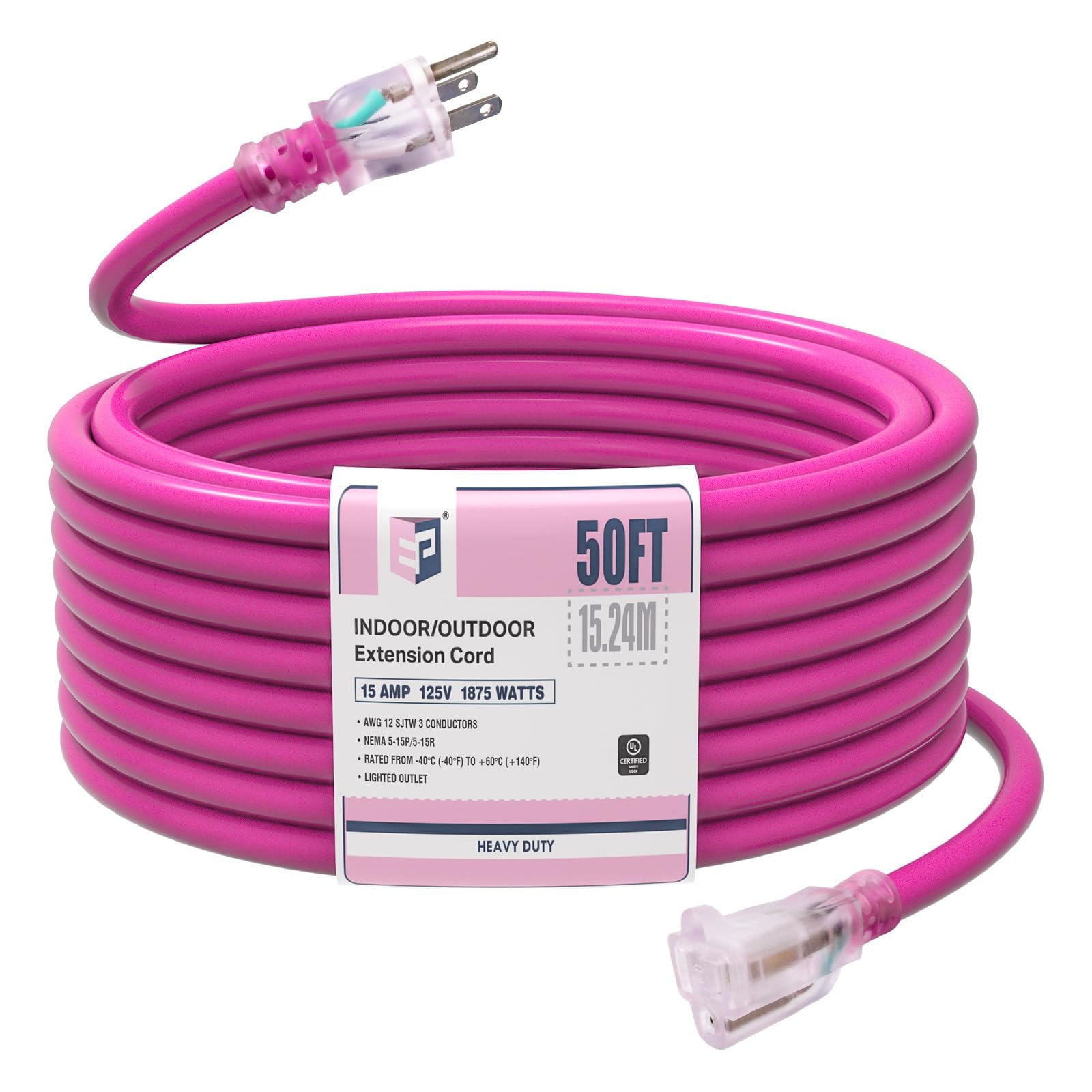 Ep 50Ft Outdoor Extension Cord, 12/3 Sjtw Heavy Duty Waterproof Power Cable, 3 Prong Grounded Plug, Lighted End, For Lawn, Garde