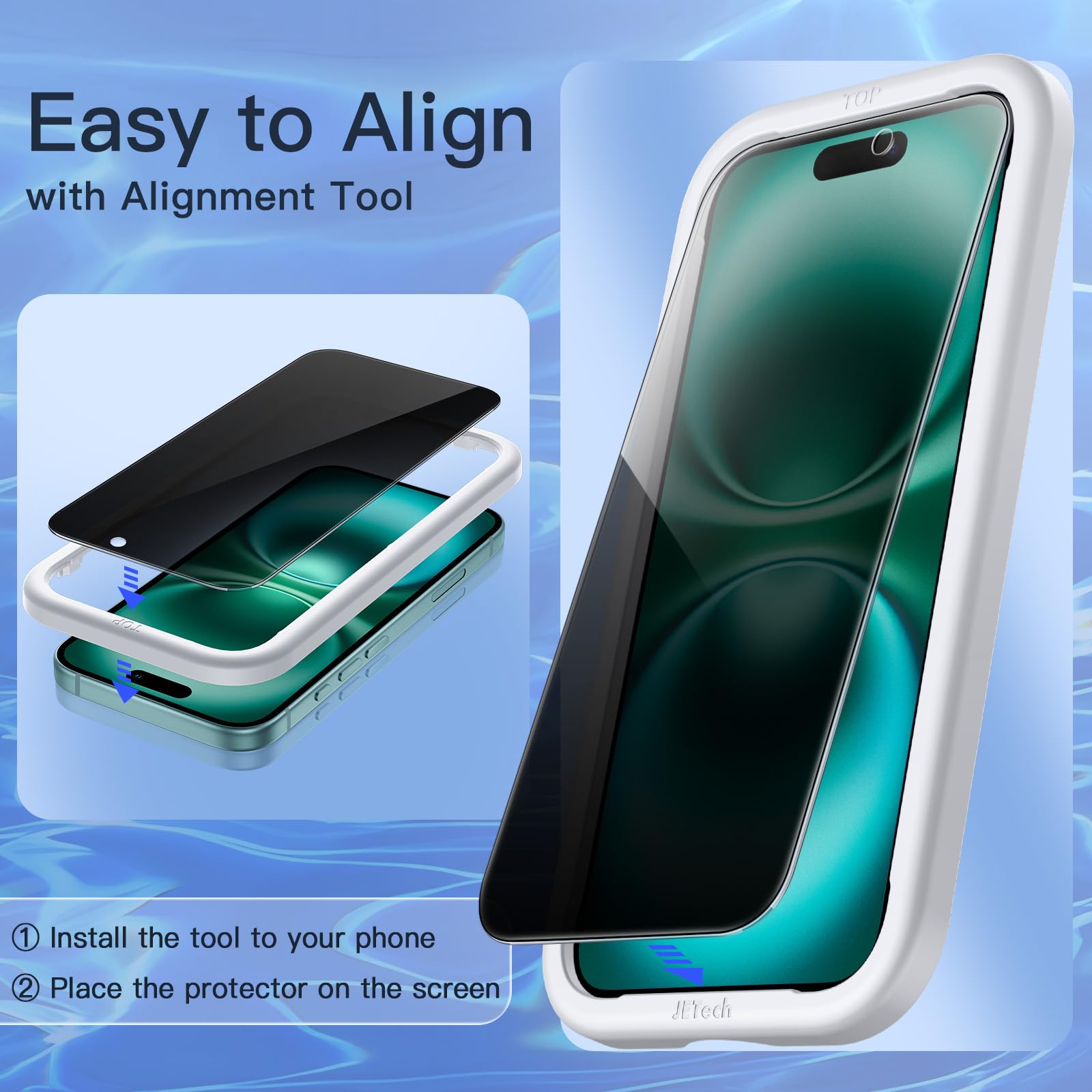 Jetech Privacy Screen Protector For Iphone 16 Plus 6.7 Inch, Anti Spy Tempered Glass Film With Easy Installation Tool, 2 Pack