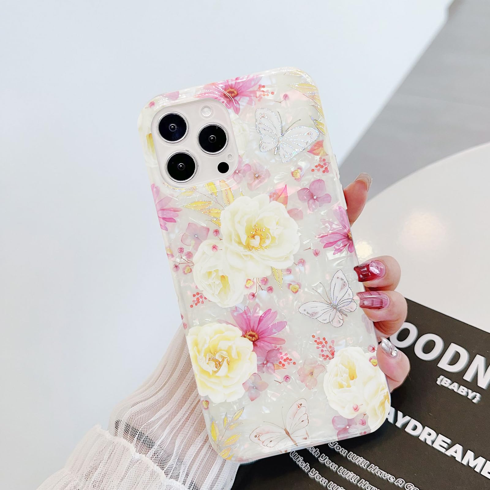 J.west iPhone 14 Pro Max Case Glitter Floral Print TPU Pink 6.7 inch