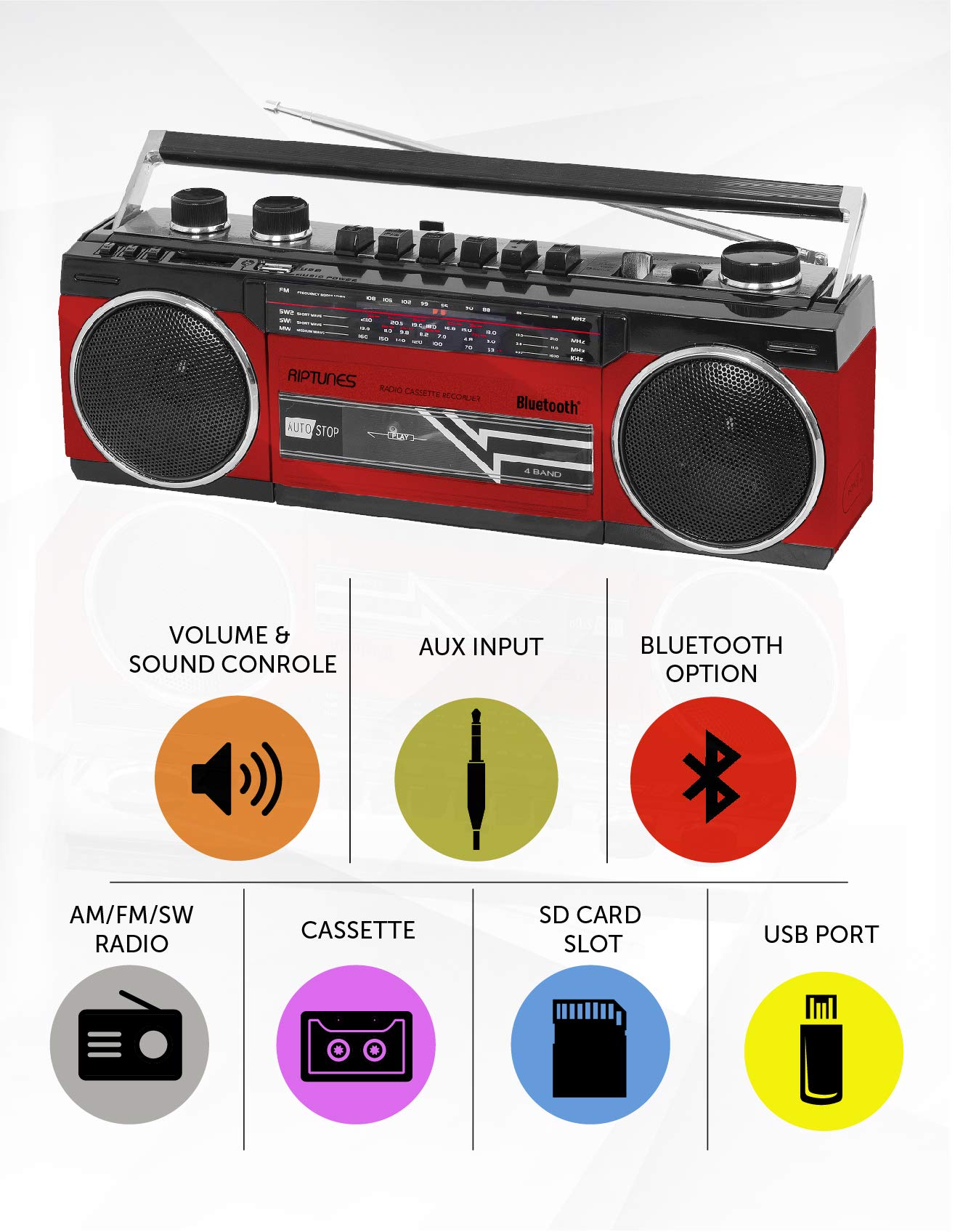 Riptunes Cassette Boombox, Retro Blueooth Boombox, Cassette Player And Recorder, Am/Fm/Sw 1 Sw2 Radio 4 Band Radio, Usb, And Sd, Red