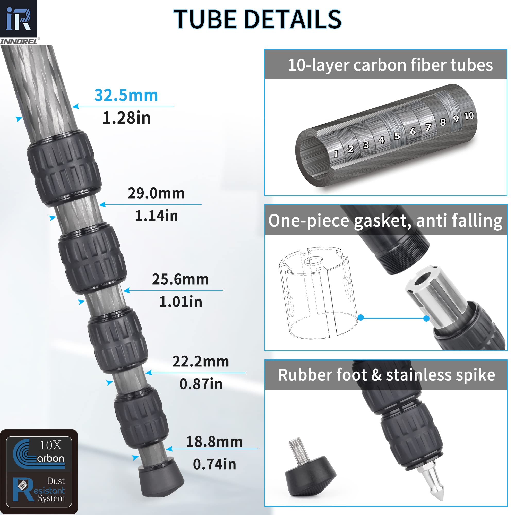 Carbon Fiber Camera Monopod Innorel Rm325C Professional Portable Compact Lightweight Travel 5 Section Monopod For Canon Nikon Sony Dslr Camera Video Camcorder Dv Photography Bracket Load 26Lbs/12Kg