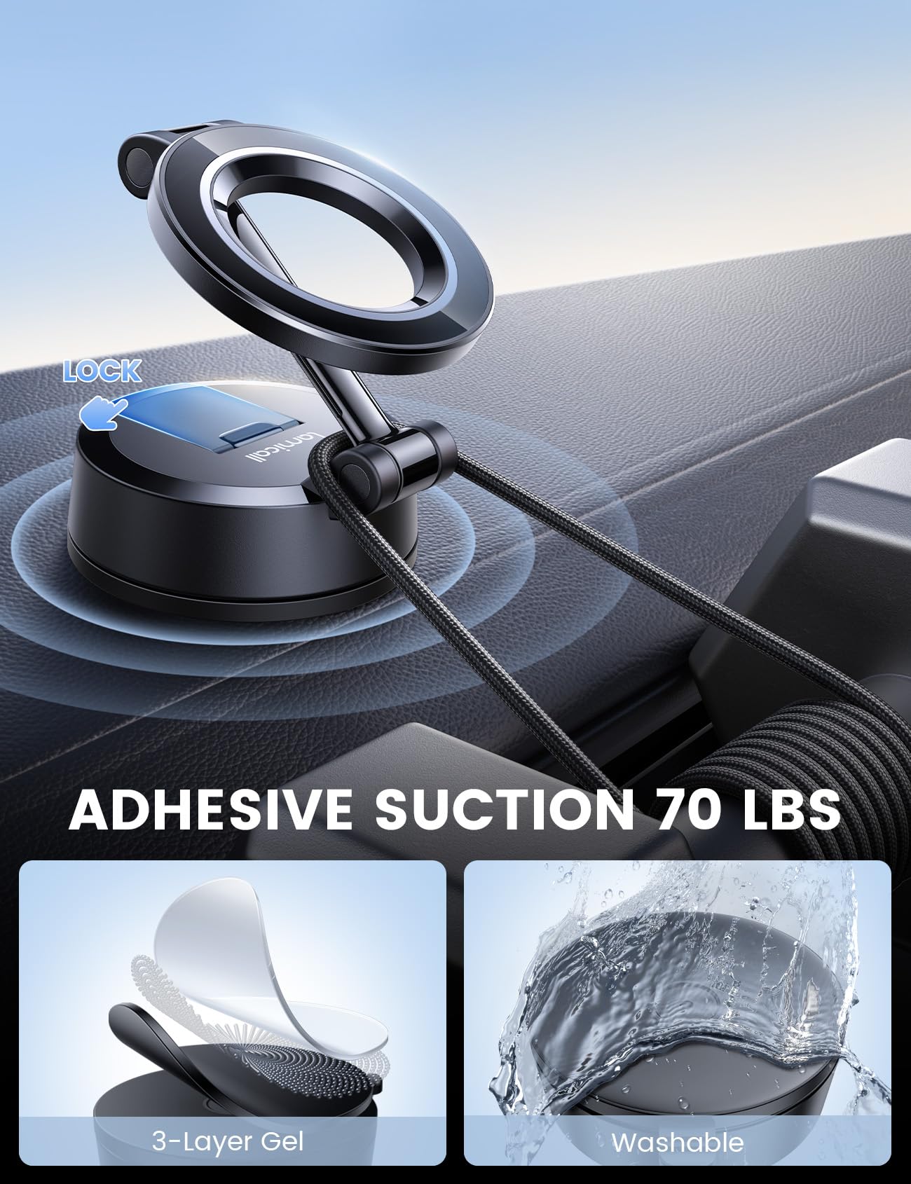 Lamicall For Magsafe Car Mount [70Lbs Powerful Suction] Magnetic Phone Holder For Car, 360 Rotation Suction Cup Phone Mount Dash