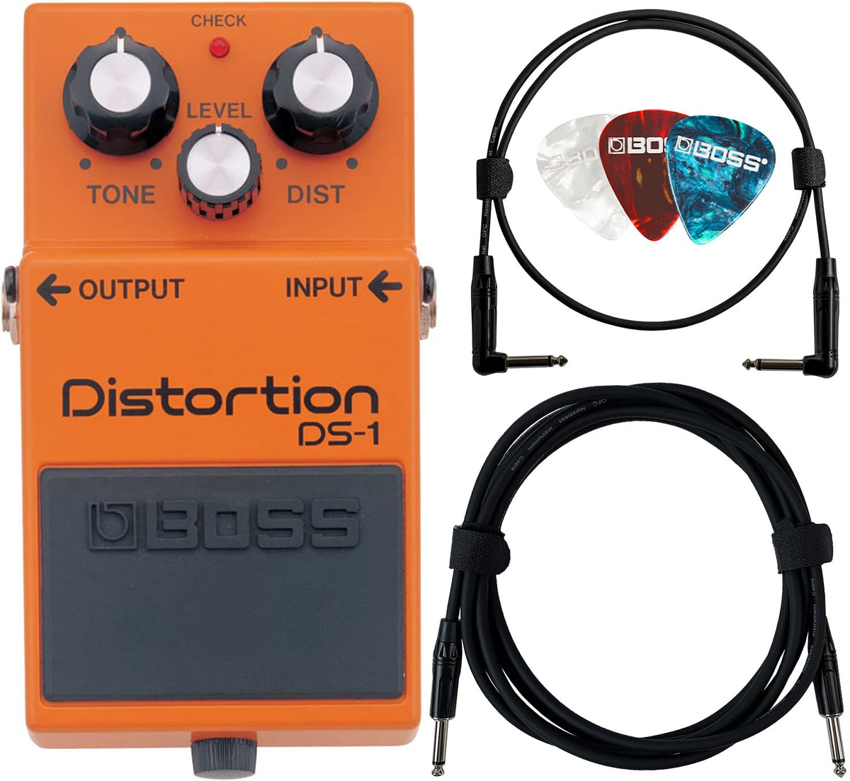 Boss Ds 1 Distortion Bundle With Instrument Cable, Patch Cable, Picks, And Austin Bazaar Polishing Cloth