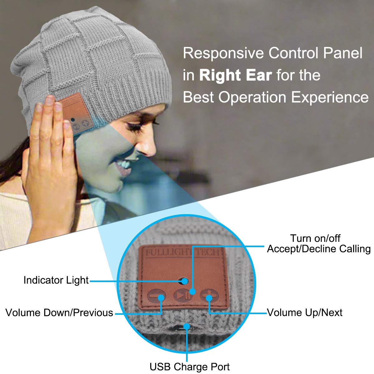 Bluetooth Beanie Headphones Hat Unique Tech Gifts Stocking Stuffer Light Gray