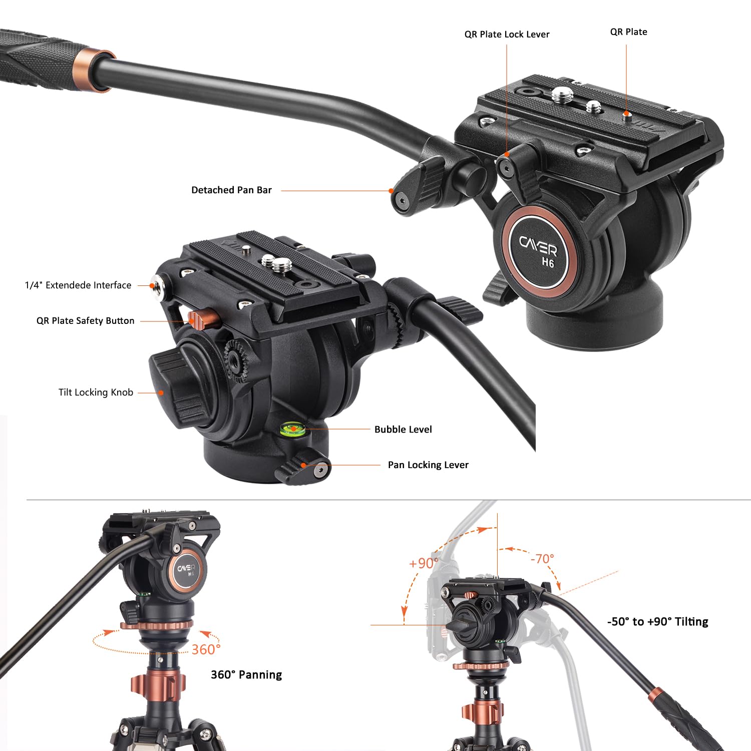 Cayer Af2451 Professional Video Camera Tripod, 67 Inches Aluminimum Tripod With Fluid Drag Head, Convertible To Monopod, Max Loa