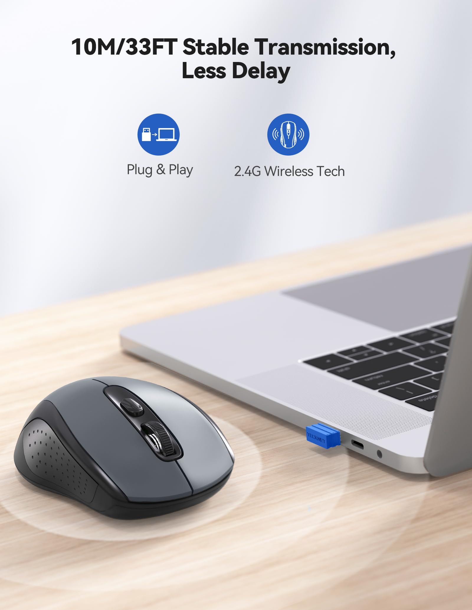 Tecknet Wireless Mouse For Laptop, 2.4G Wireless Computer Mouse, 5 Level Adjustable 4800 Dpi, Silent Mouse With Receiver & 6 Buttons, 18 Months Battery Life, Usb Portable Mouse For Mac, Chromebook