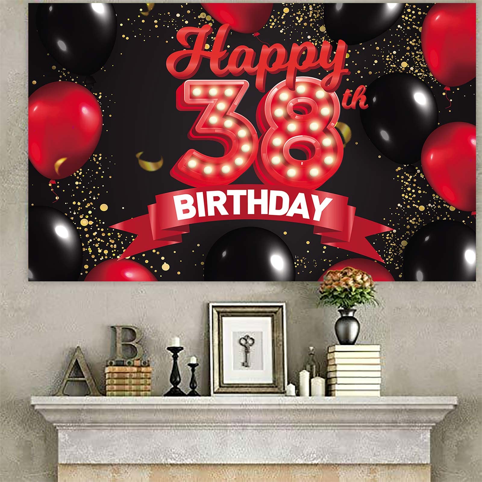 Happy 38Th Birthday Red And Black Banner Backdrop Decorations Balloons Theme Decor For Girls Women Princess 38 Years Old Birthda