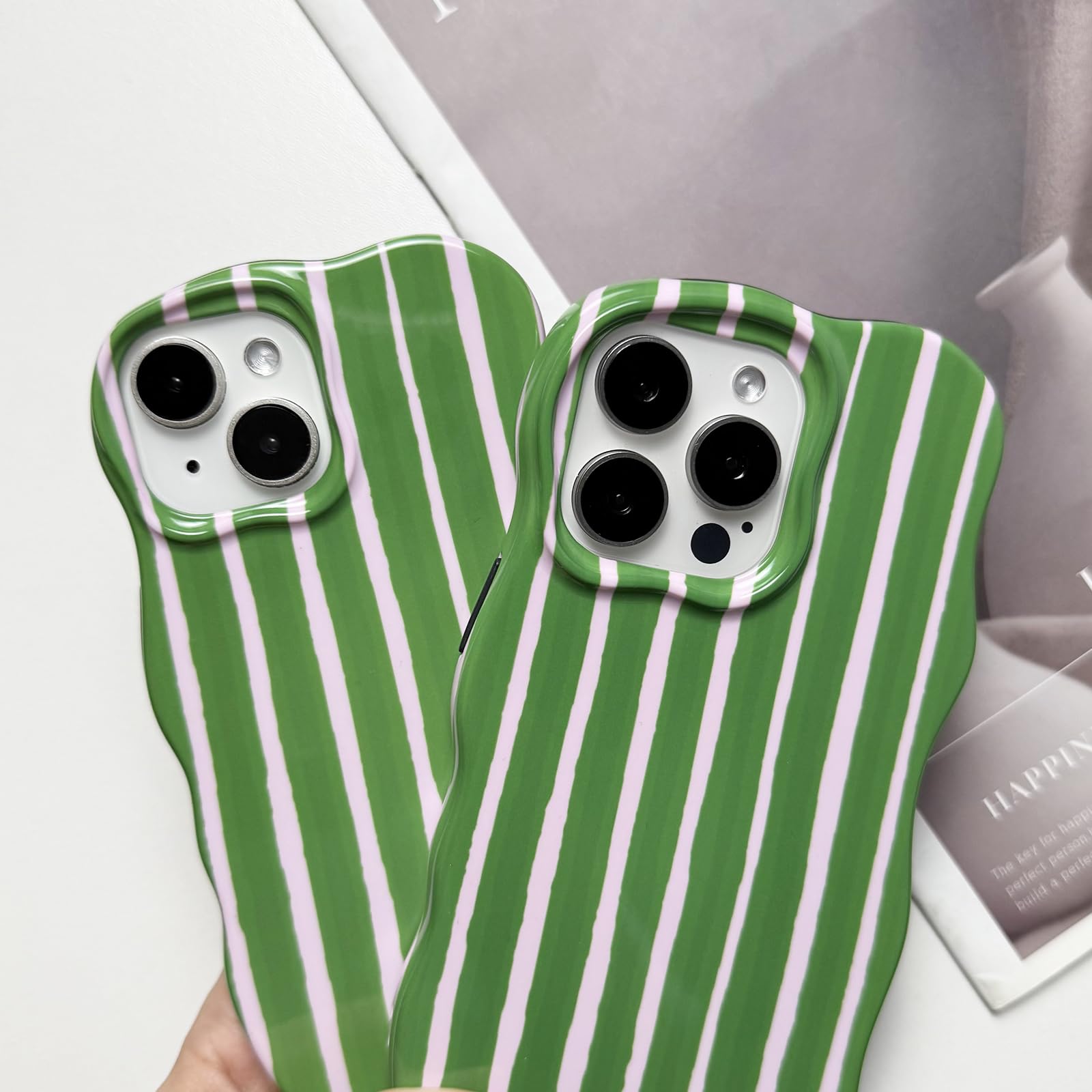 Xqagu For Iphone 15 Pro Case Striped Cute Aesthetic Stylish Trendy Wave Protective Phone Case Durable Shockproof-Green