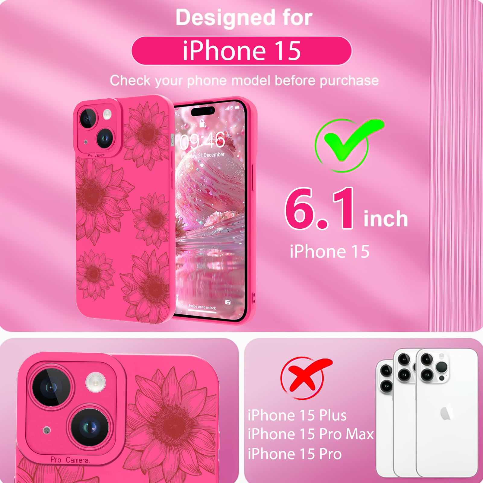 Ook Floral Case For Iphone 15 Case, Cute Sunflower Floral Blooms Design Soft Tpu Shockproof Protective For Women Girls Slim Phon