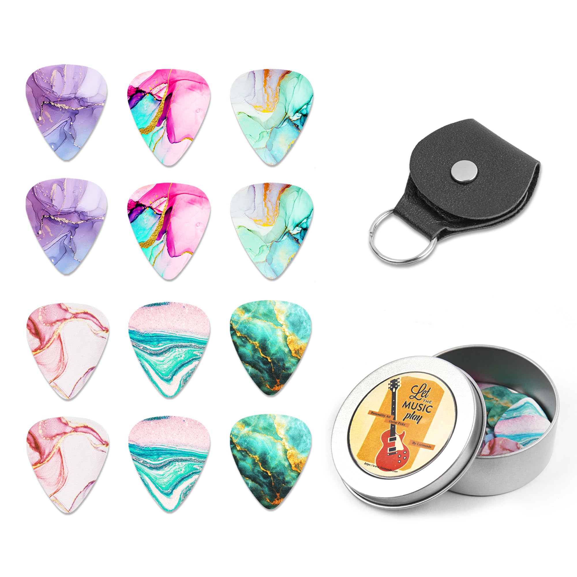 Cheliz 12 Pack 0.71Mm Stylish Colorful Celluloid Guitar Picks Plectrums For Guitar Bass(14 Ink Splashing), Medium