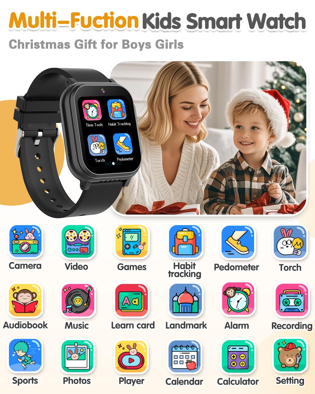 Kids Waterproof Smart Watch Boys Toys Age 5-12 With 32 Games, Dual Camera, Habit Tracking, Music Player, Video, Alarm Clock, Hd