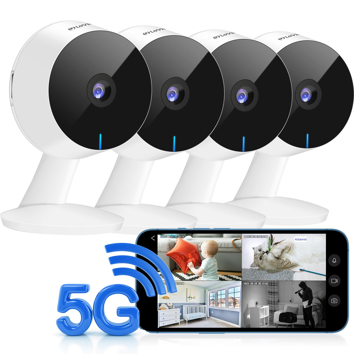 Laview 5G& 2.4Ghz Security Cameras 4Pcs, Home Security Camera Indoor 1080P, Wi Fi Cameras Wired For Pet, Motion Detection, Two W