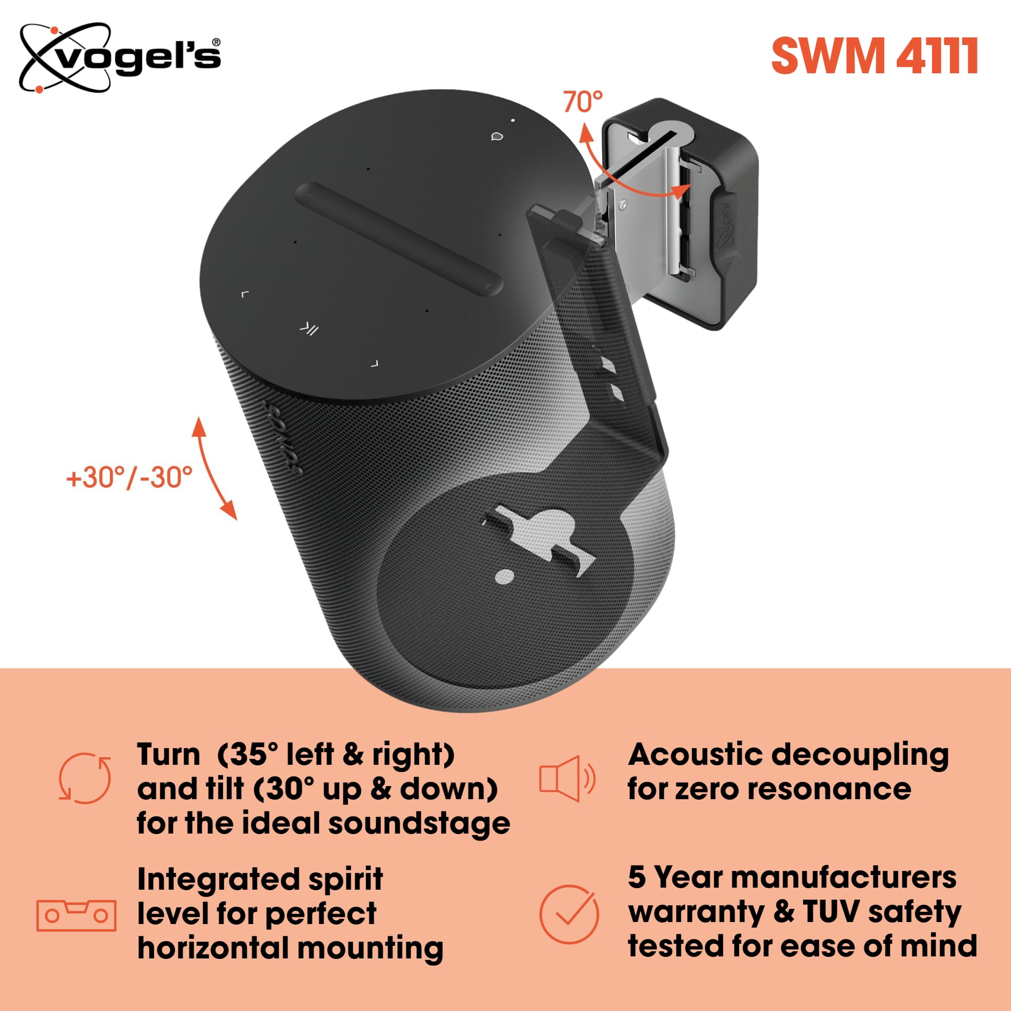 Vogel'S Swm 4111 Speaker Wall Bracket For Sonos Era 100, Max. 11 Lbs (5 Kg), Tiltable  30/+30, Swivels Up To 70 (Left/Right), Bl