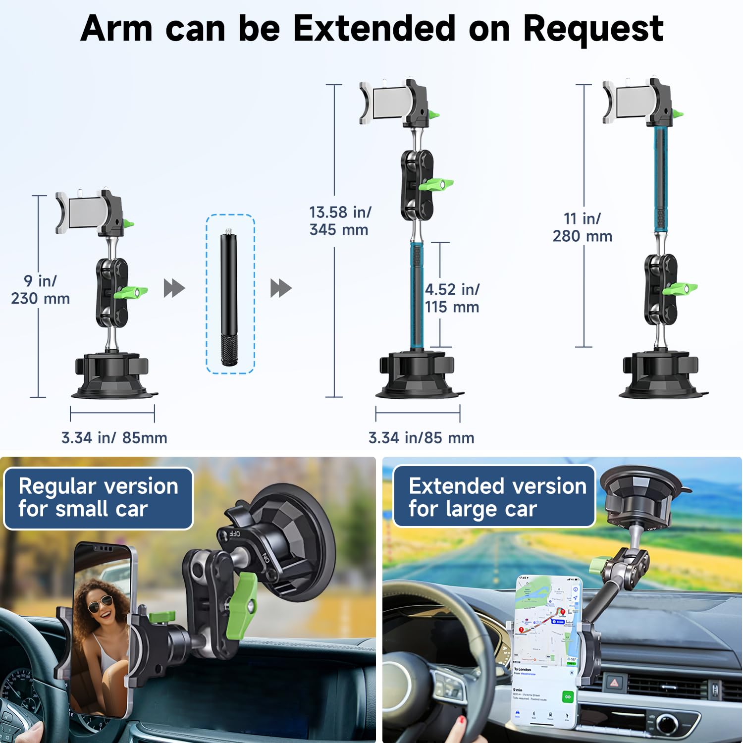 Hemmotop Suction Cup Car Phone Mount, 12 In Heavy Duty Metal Cell Phone Holder For Windshield, 360 Rotation Vacuum Magic Arm For