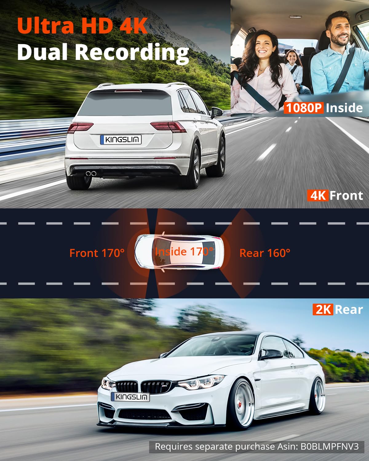 Kingslim D6 4K Dash Cam Front And Inside, New Version Cabin Dual Dash Uber Car Camera With Wifi & Gps, 3 Channel Dashcam Upgrade