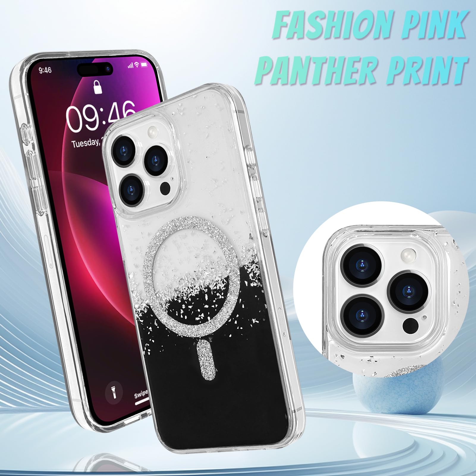 Bonoma For Iphone 16 Pro Case, Sparkly Glitter Bling Back, Magnetic Support For Magsafe Shockproof Case, Crystal And Clear High