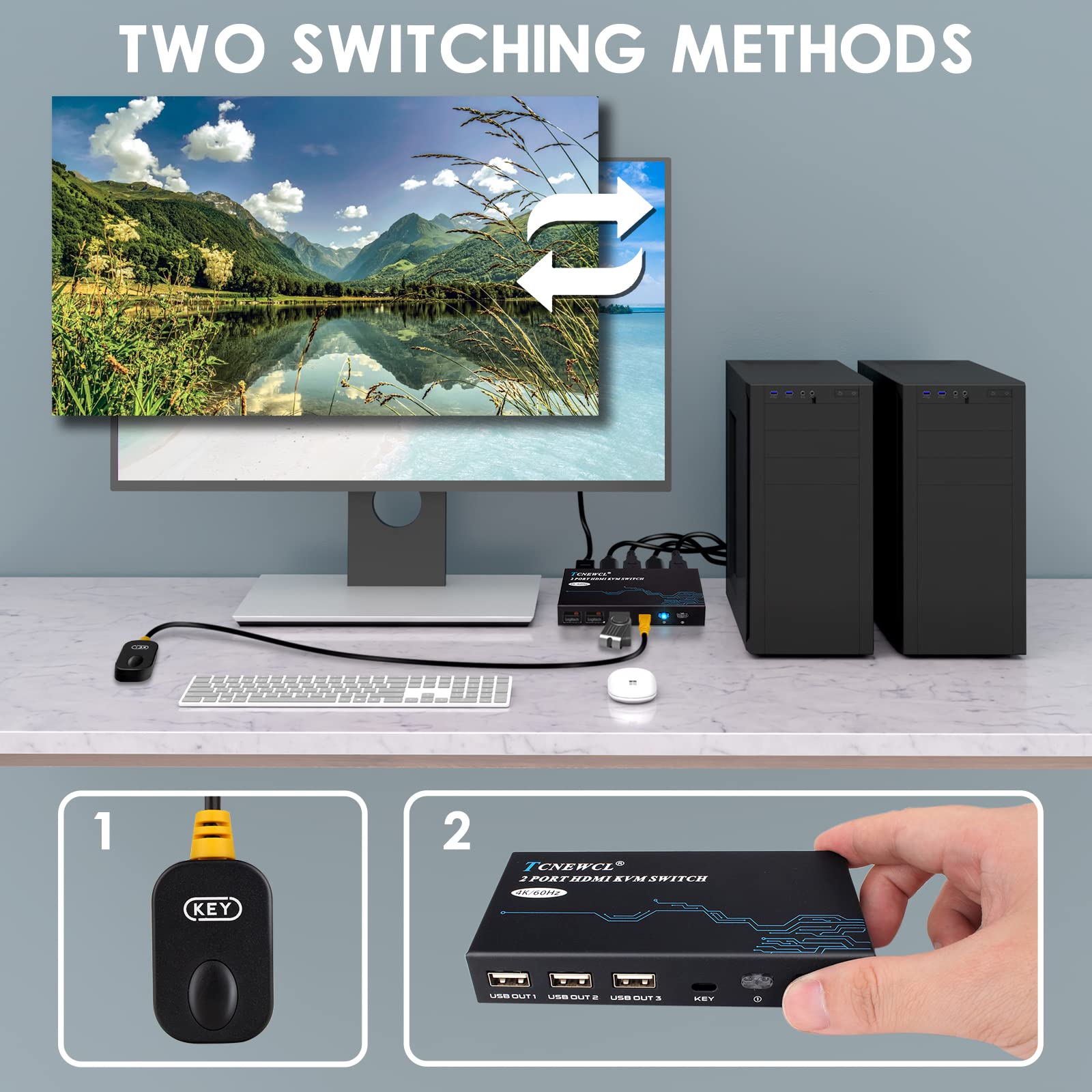 Tcnewcl Hdmi Kvm Switch 4K@60Hz, 4K Kvm Switch For 2 Computer Share 1 Monitor And 3 Usb Devices Keyboard Mouse Printer, Included