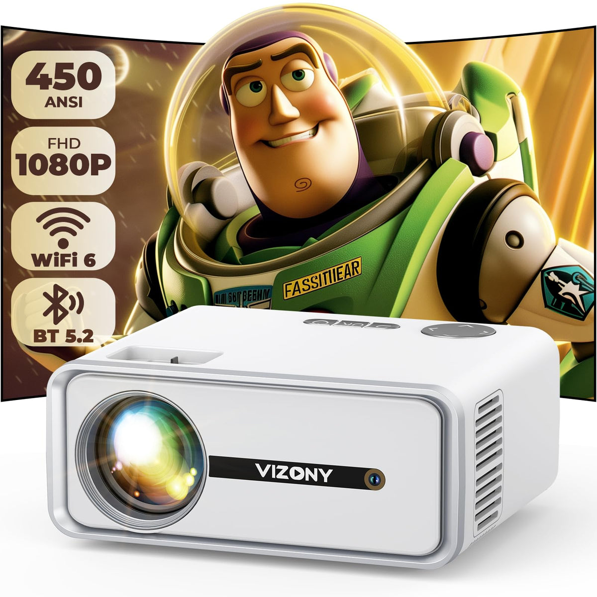 Vizony Mini Projector With Wifi And Bluetooth, 450Ansi 1080P Fhd Home Movie Projector, Portable Outdoor Projector With 250'' Dis