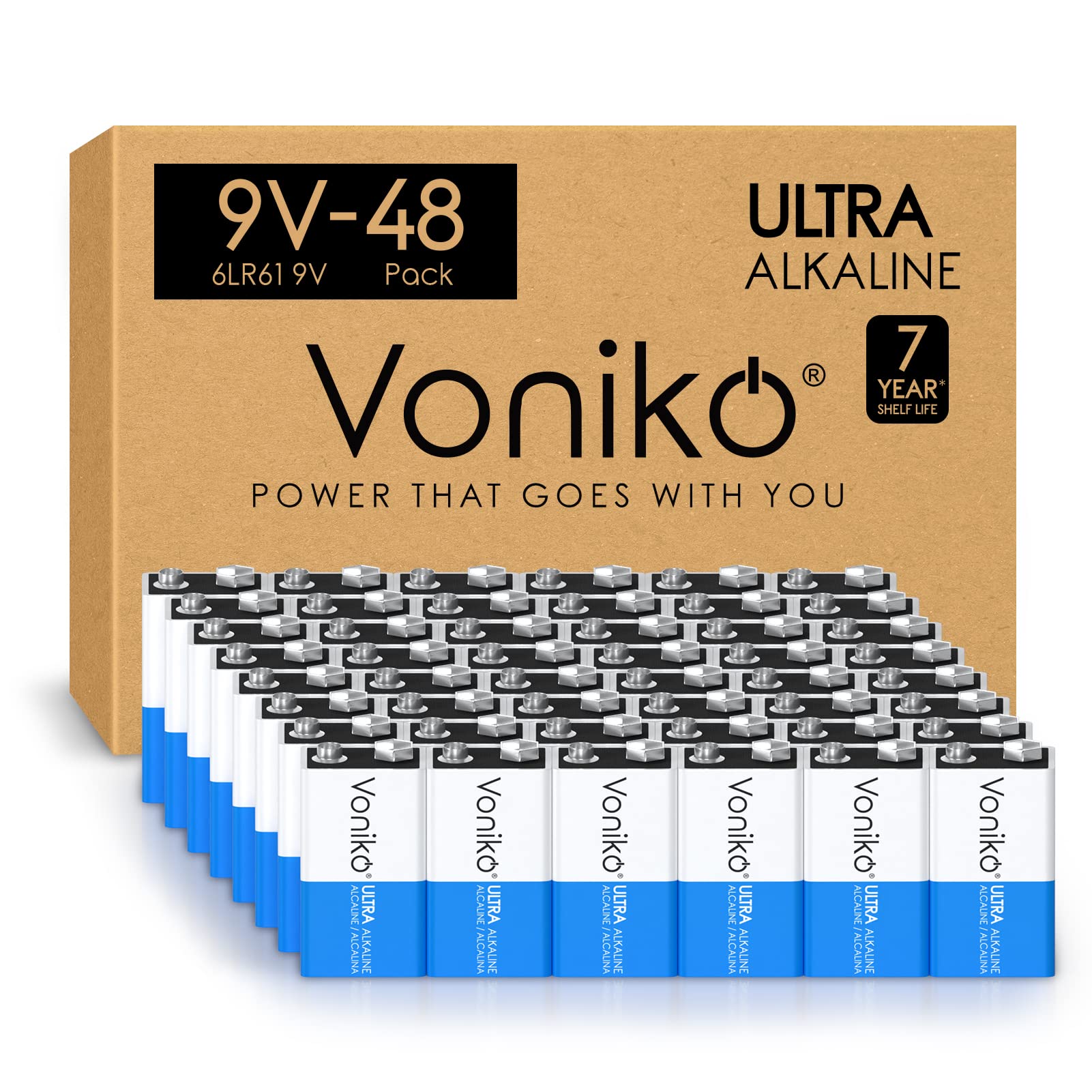 Voniko 9V Batteries   Alkaline 9V Battery 48 Pack   Ultra Long Lasting With A 7   Year Shelf Life