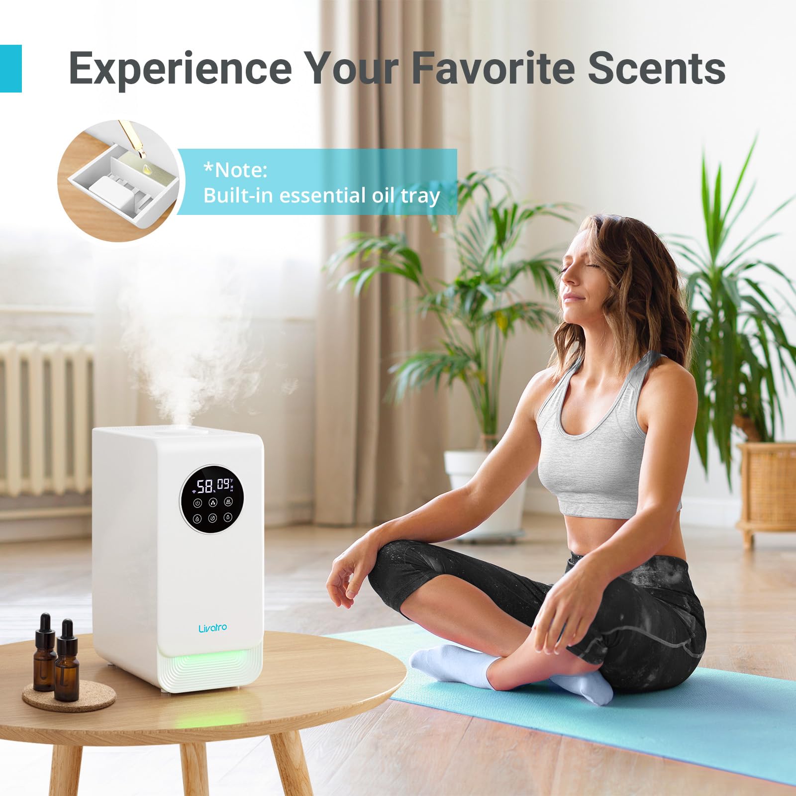 Livatro 6L Smart Humidifier For Large Room, Warm & Cool Mist With Top Fill Design, Alexa & App Control, Essential Oil Compatible