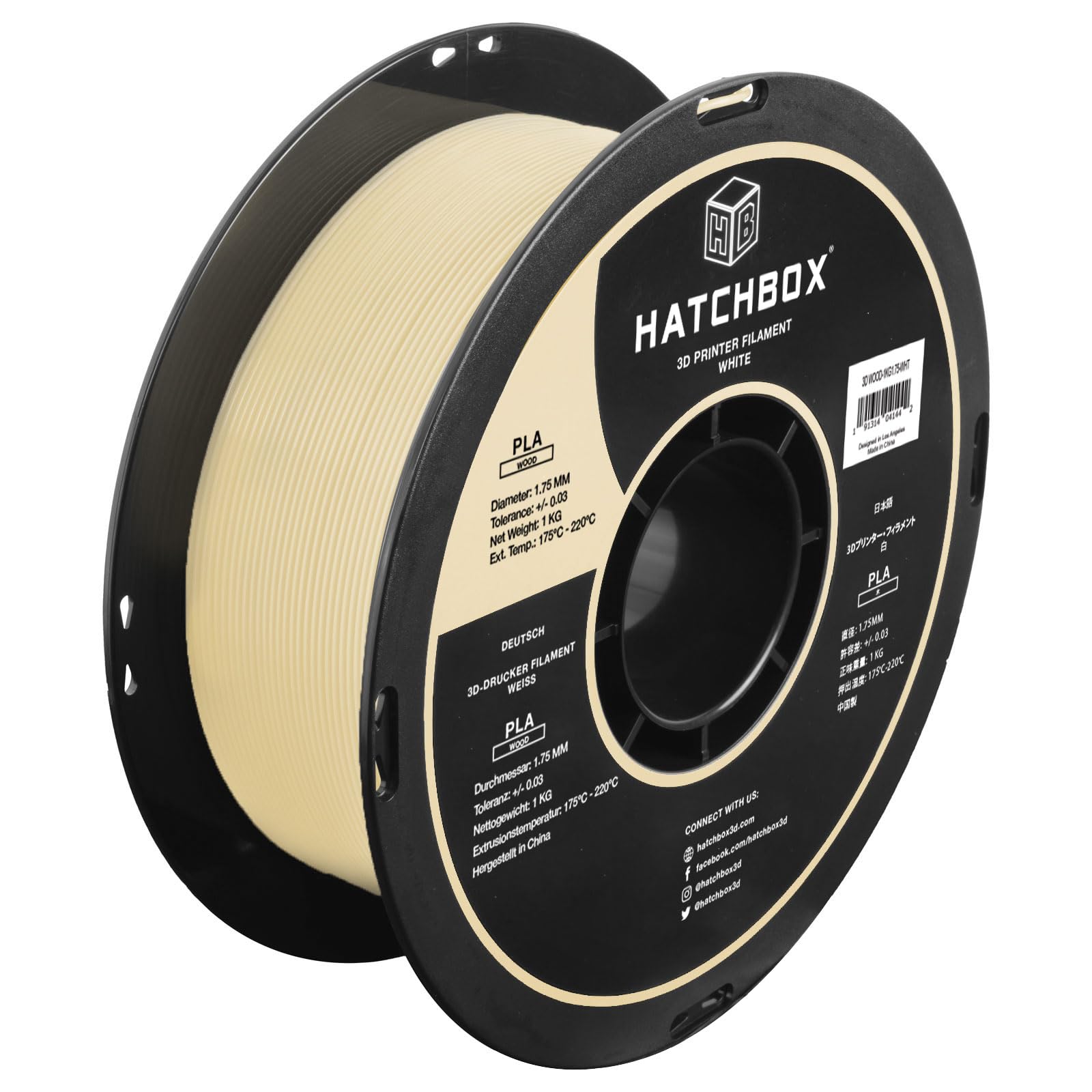 HATCHBOX 1.75mm White Wood PLA 3D Printer Filament, 1 KG Spool, Dimensional Accuracy +/- 0.03 mm, 3D Printing Wood Filament