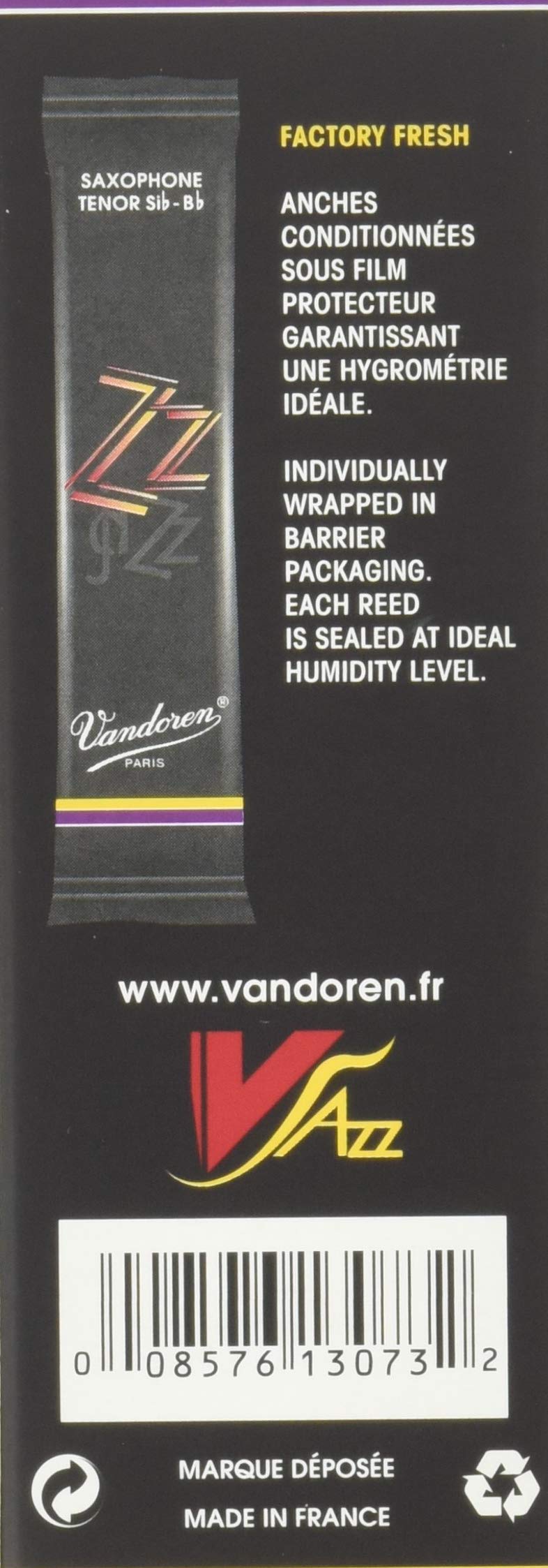 Vandoren Sr422 Tenor Sax Zz Reeds Strength 2; Box Of 5, Black