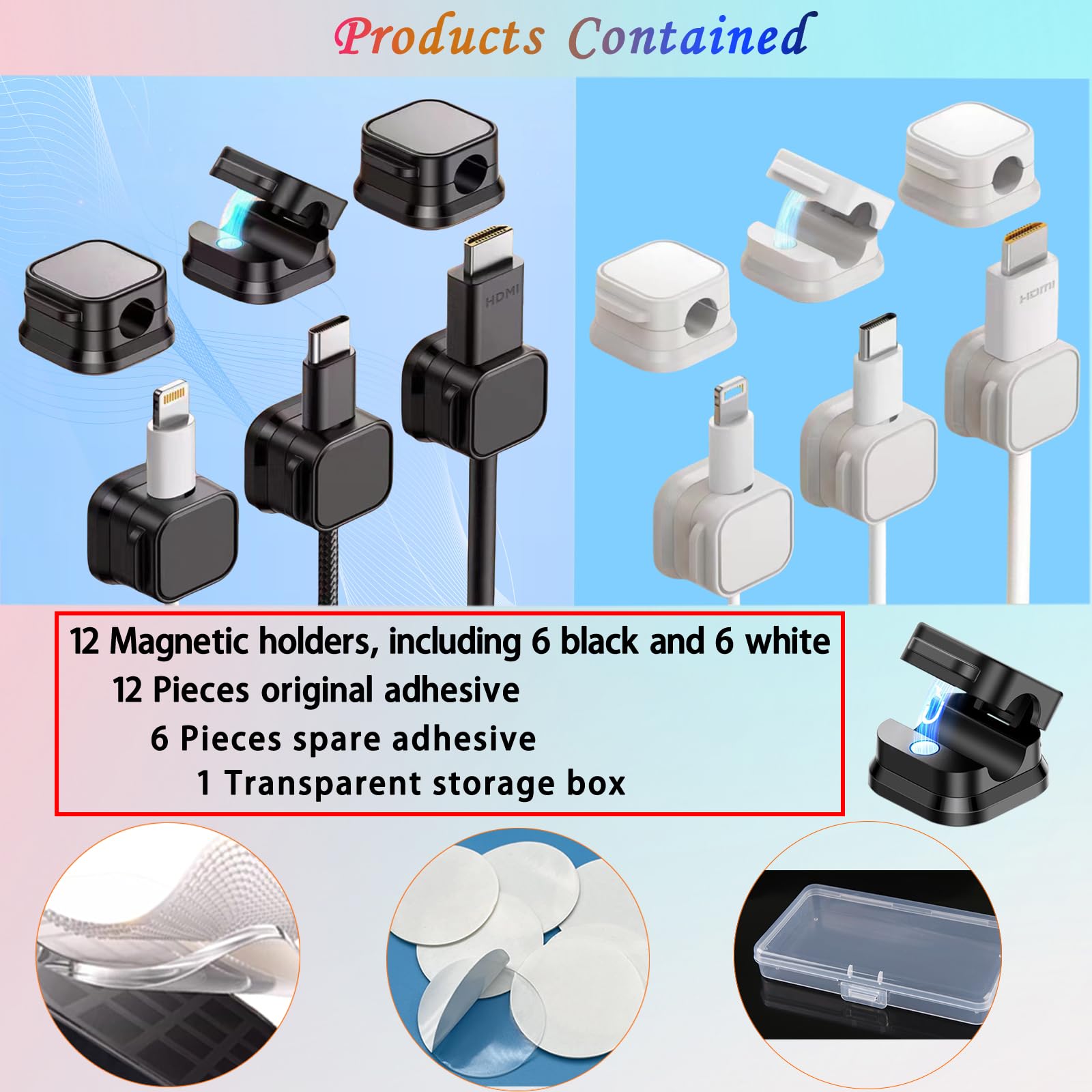 Kisajar 12 Pcs Magnetic Cable Clips (6 Black And 6 White) Cable Management,Adhesive Cord Organizer,Wire Keeper Cord Holder For O