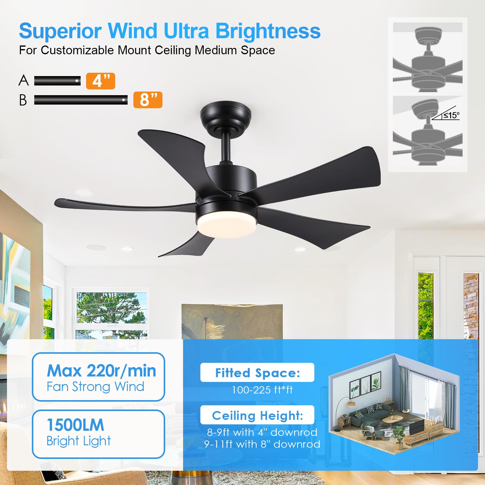 42 Inch Ceiling Fans With Lights, Modern Black Ceiling Fan With Remote Control App, Dc Motor Quiet, 3Cct Dimmable Memory, Led Sl