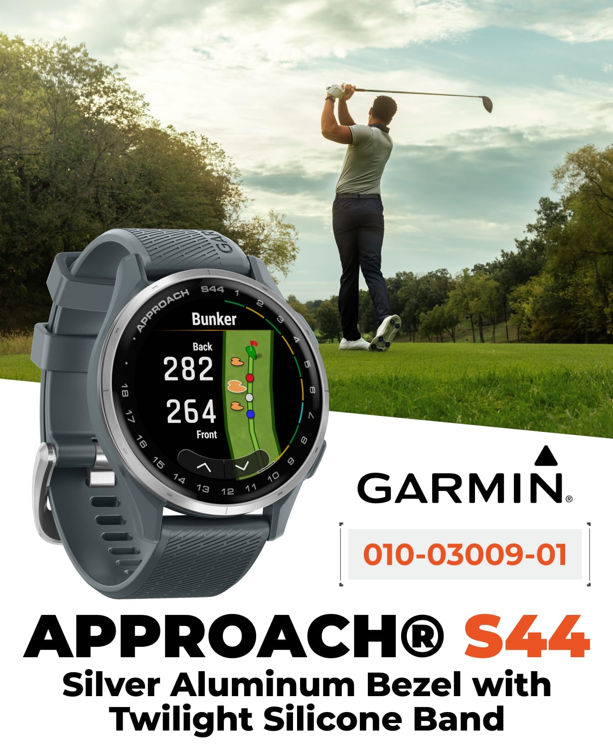 Garmin Approach S44 Golf Gps Smartwatch Silver Aluminum Bezel With Twilight Silicone Band With Wearable4U Power Bank Bundle