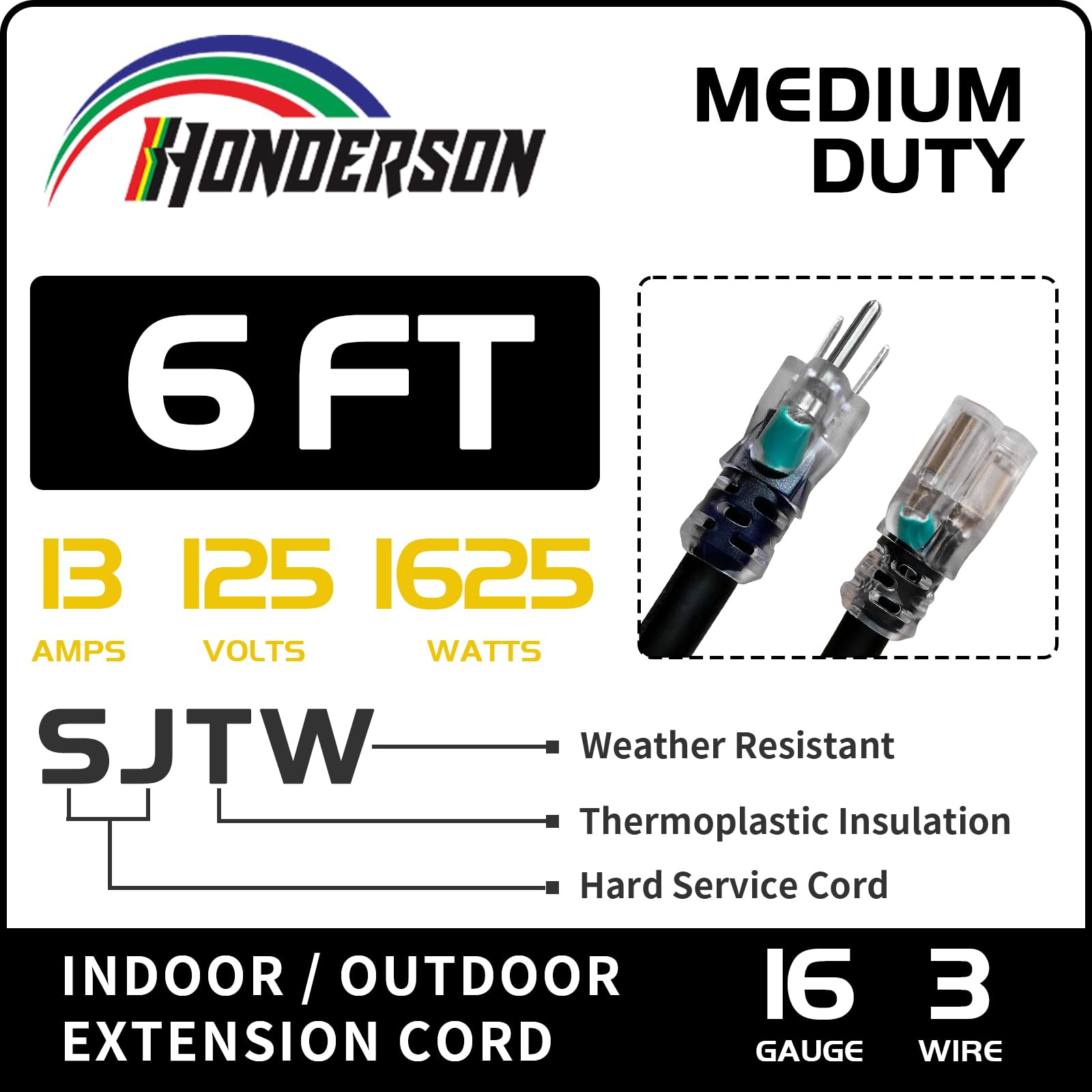 Honderson Indoor Outdoor Extension Cord Weatherproof With Lighted End, Ul Listed, 16 Gauge 6Ft Black 3 Prong Heavy Duty Extensio