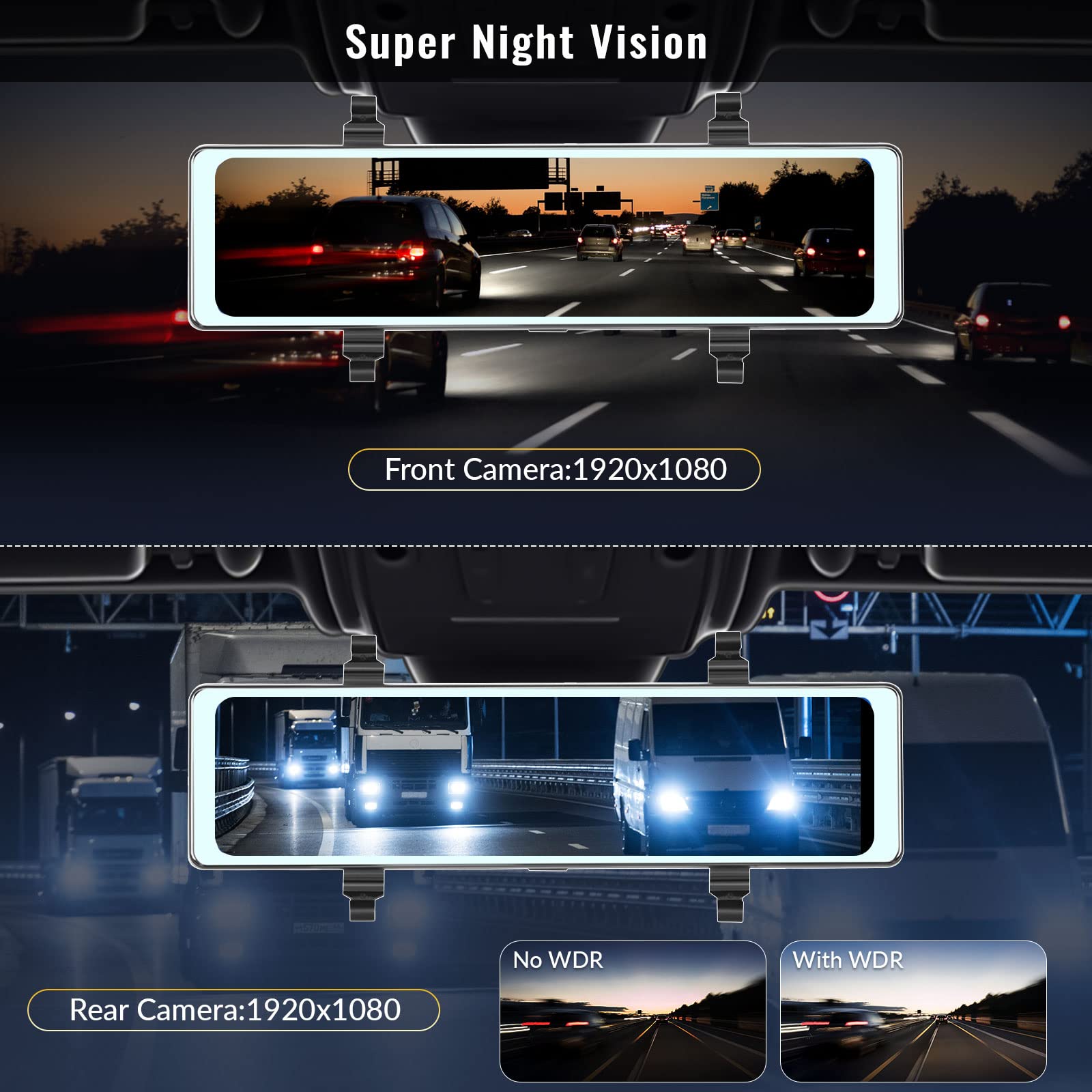 Mirror Dash Cam With Wireless Apple Carplay&Android Auto,11.26' Voice Control Rear View Mirror 1080P Front And Rear View Dual Cameras,Fm Transmitter,Night Vision,Parking Assistance, Wdr,Loop Recording