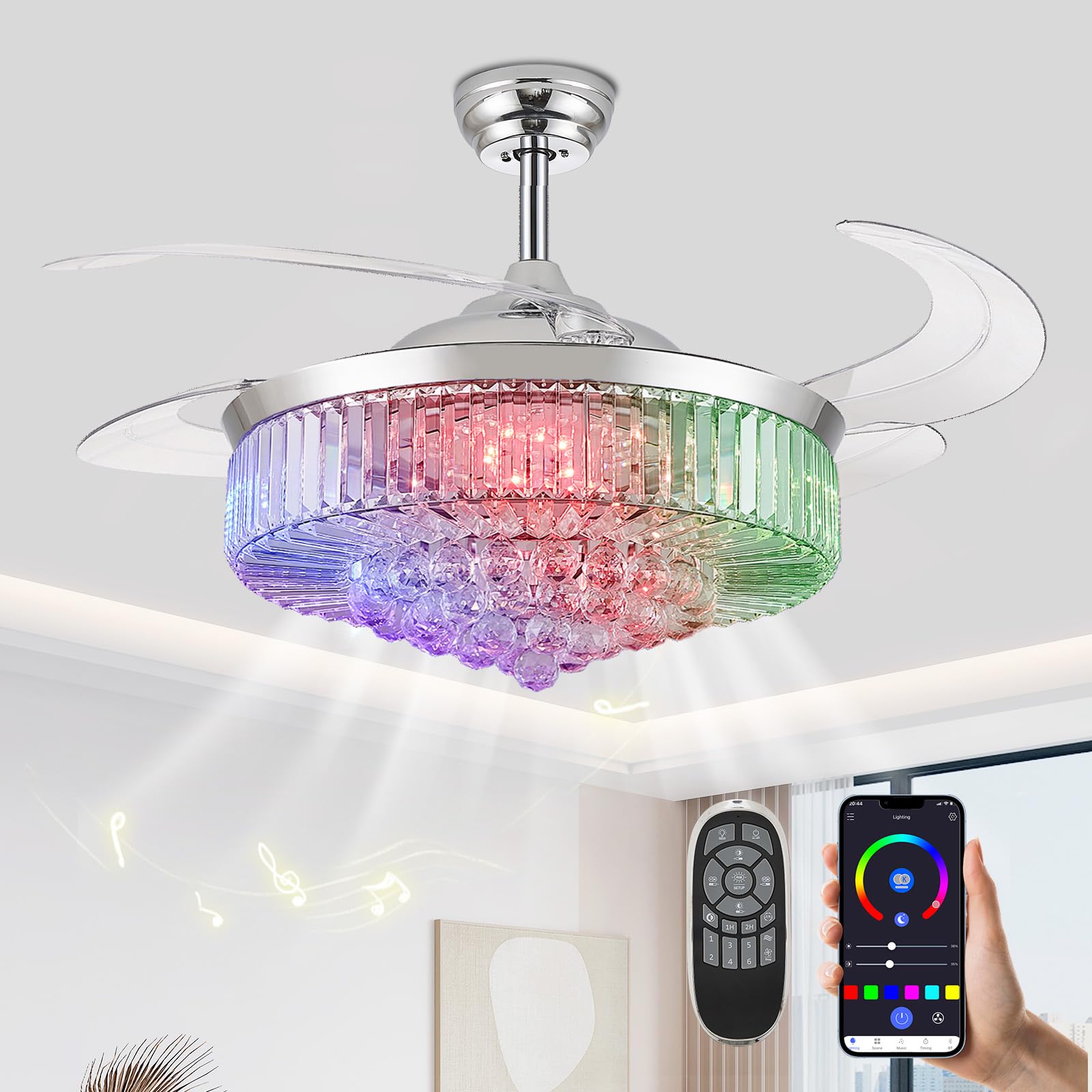 Zynfandor 52    Bluetooth Ceiling Fan with Light and Speaker,RGB Retractable Blades Crystal Fandelier Music Player LED Chandelie