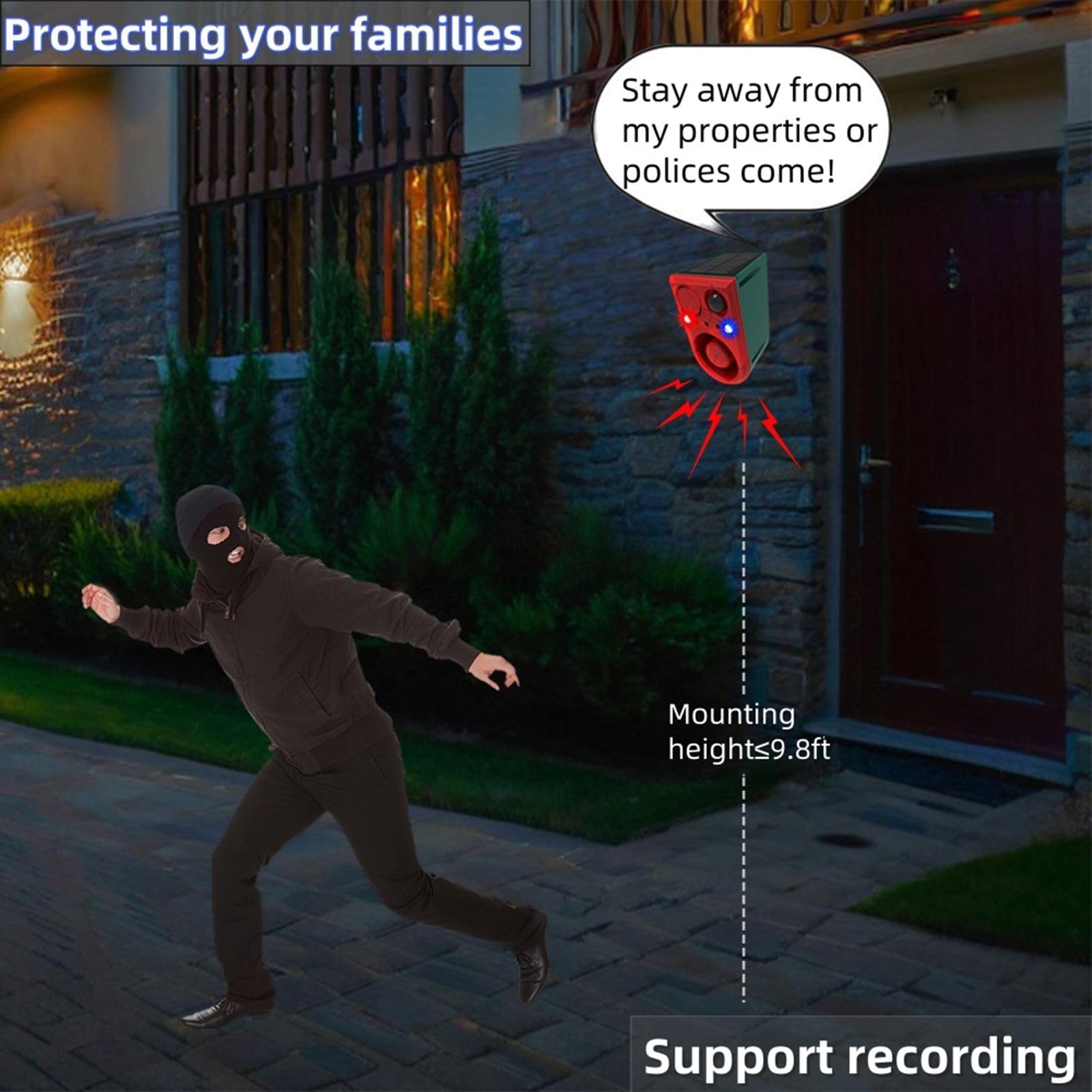 Hulppre Solar Outdoor Motion Sensor Alarm With Ultrasonic-13 Sounds Including Dog Barking/Gunshot Sound,130Db Loud Noise Maker,S