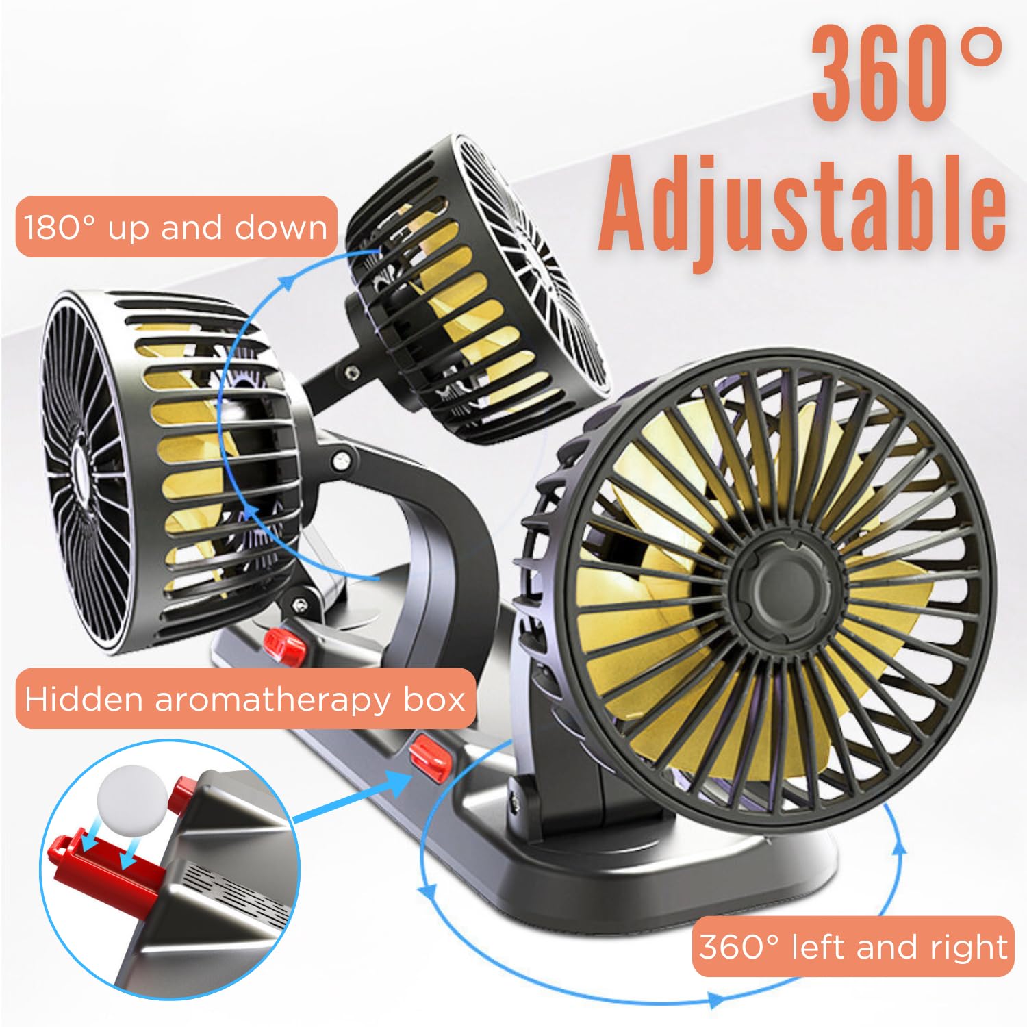 Crethinkaty 12V Car Cooling Three Head Fan, 360 Rotation, 2 Speed Adjustable, 51 Inch Cord Length, Portable Car Cooling Fan For