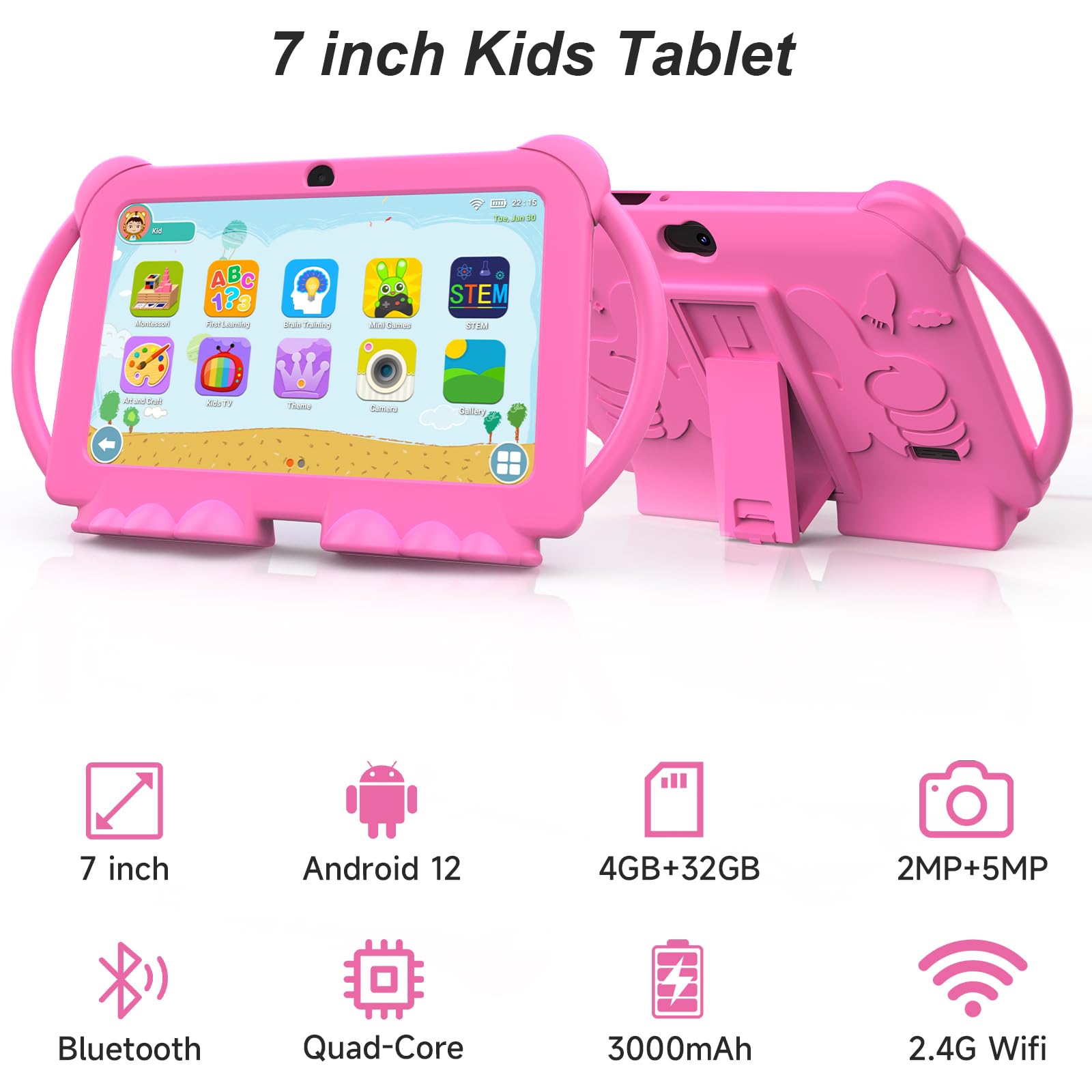 Kids Tablet, 7 Inch Android 12 Tablet For Kids, 4Gb Ram 32Gb Rom 512Gb Expand, Toddler Tablet With Parental Control, Ips Screen,